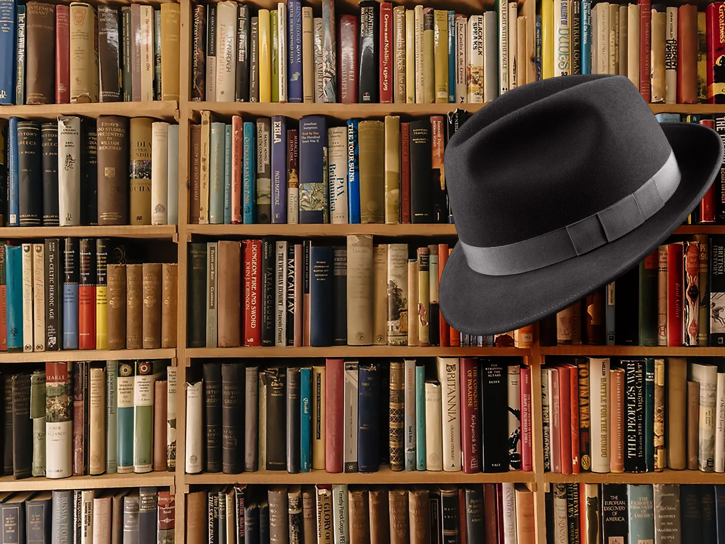 A black fedora hat with a gray band hanging in front of a wooden bookshelf filled with various books.