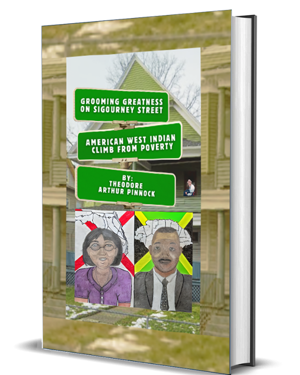 Book cover titled "Grooming Greatness on Sigourney Street" by Theodore Arthur Pinnock featuring portraits of a woman and man, with a background of a porch with columns.