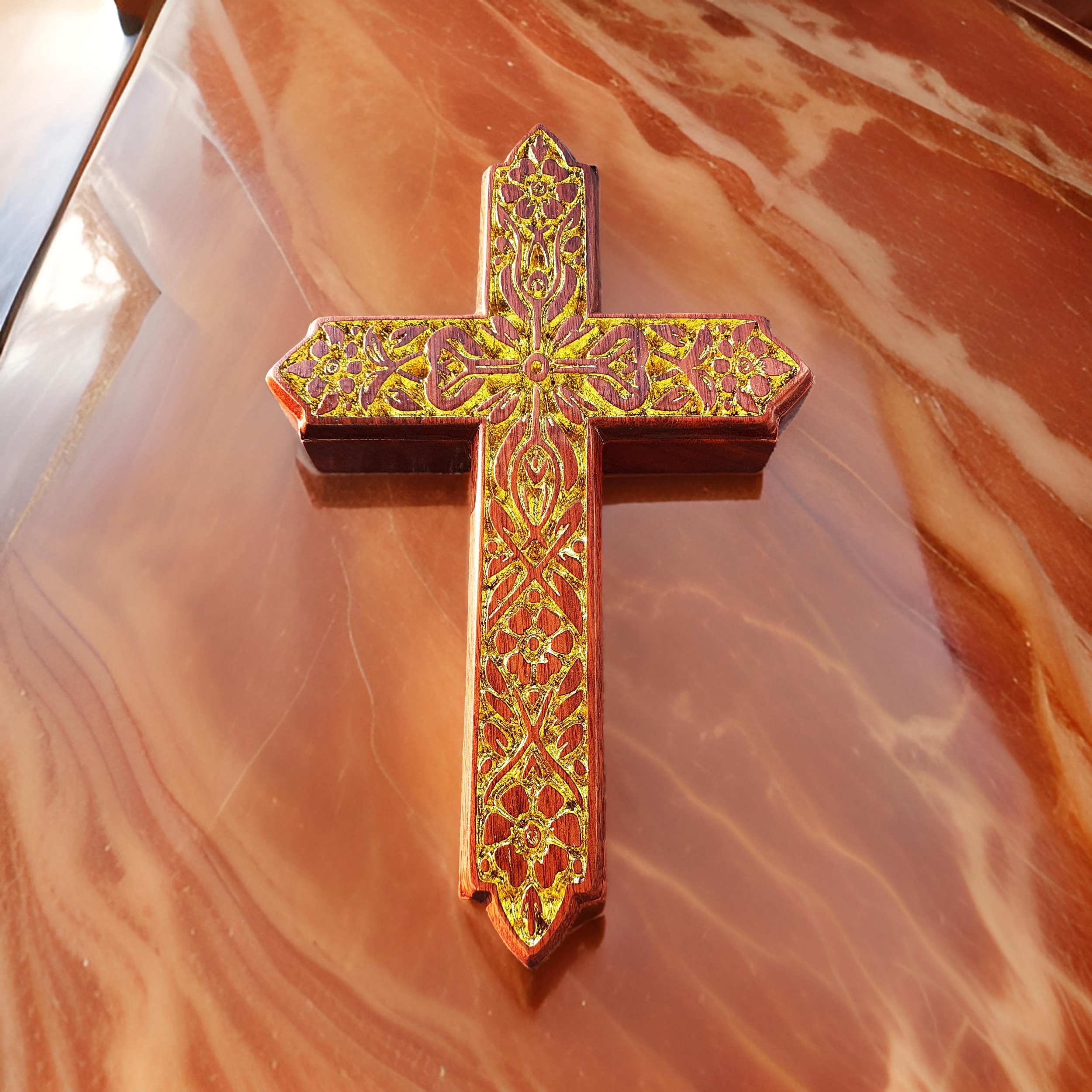 Jarrah Cross with Gold-Gilded Engravings