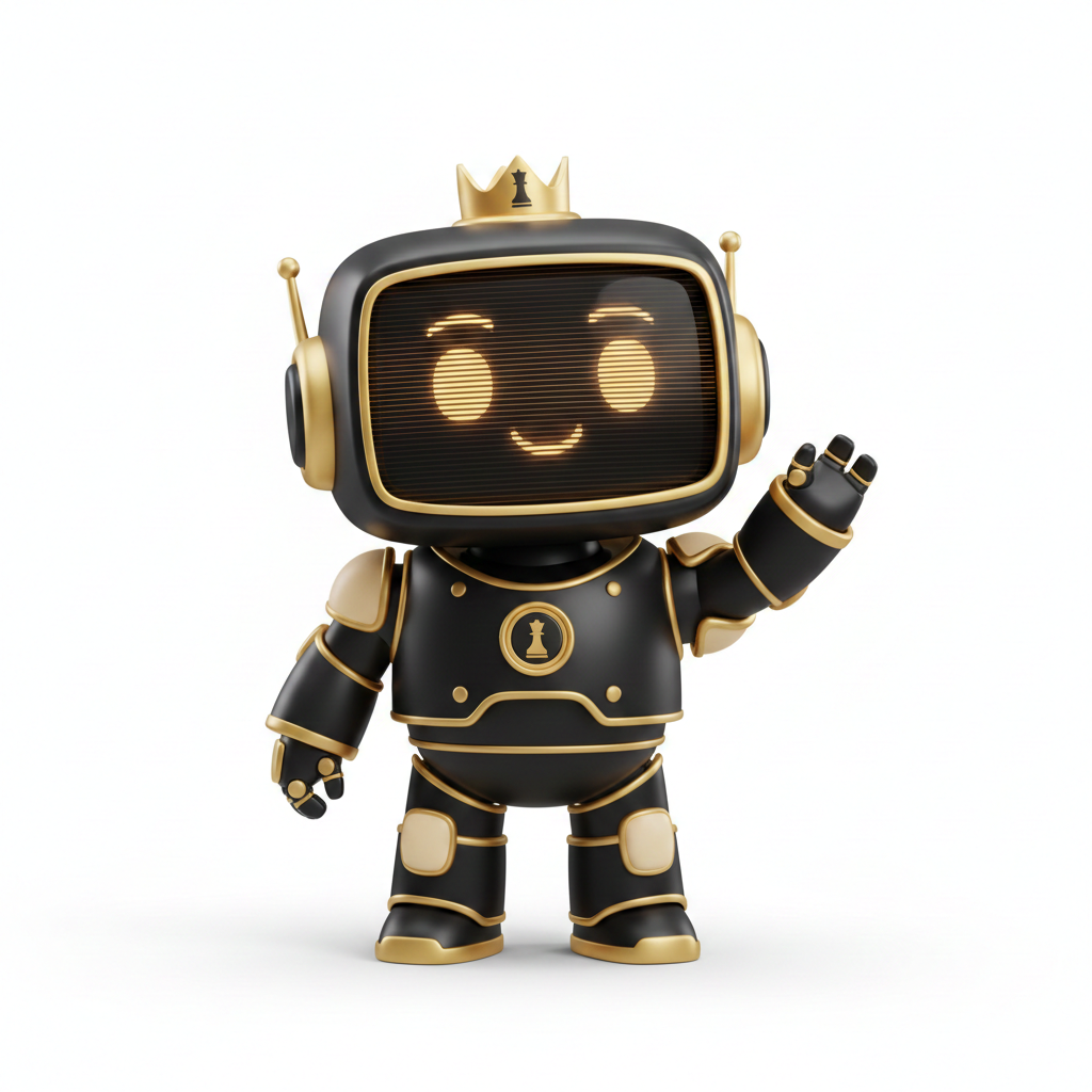 Sage AI assistant from The End Goal - AI life coaching framework guide. A black and gold robot figure with a smiling face on its display screen, wearing a crown and waving.