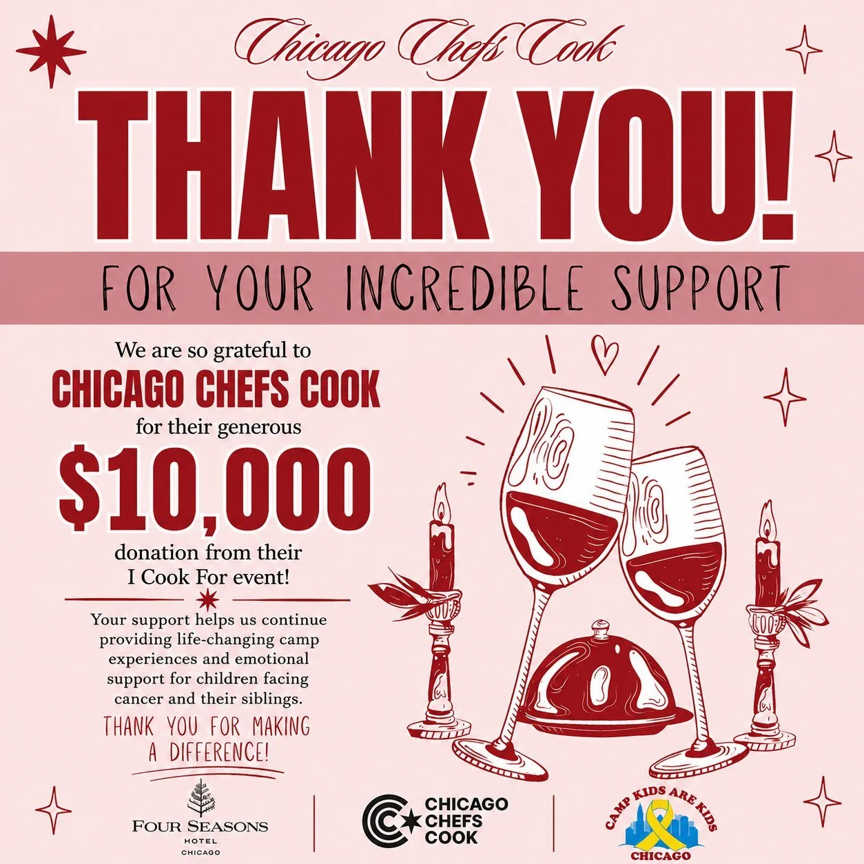 We are incredibly grateful to Chicago Chefs Cook for their generous $10,000 donation from their recent event!

Your support directly impacts the children and families we serve, helping us continue to provide meaningful camp experiences, emotional sup
