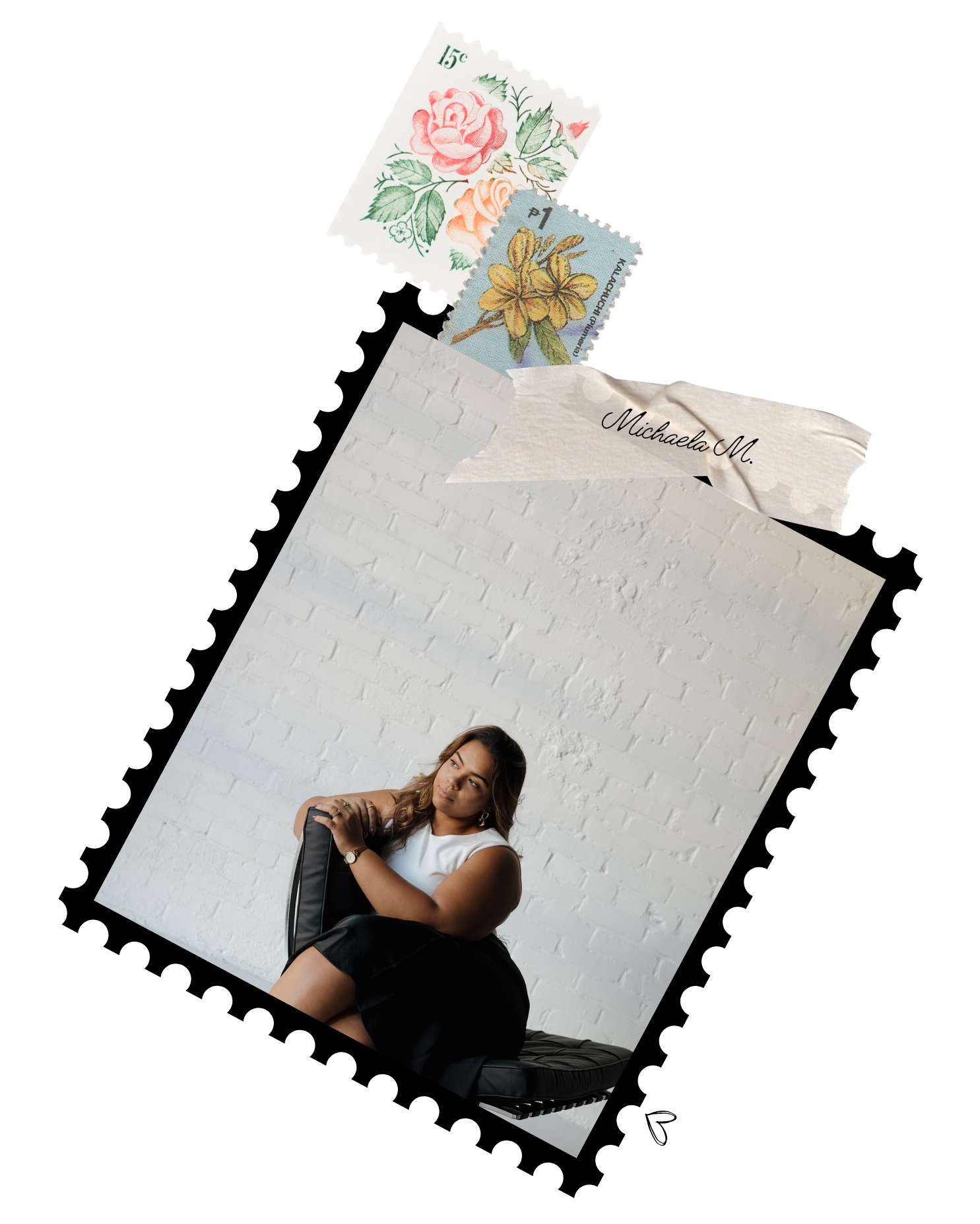 A photograph of a woman sitting on a black chair against a white brick wall, wearing a white sleeveless top and black skirt, looking contemplative.Mexico Wedding Photographer