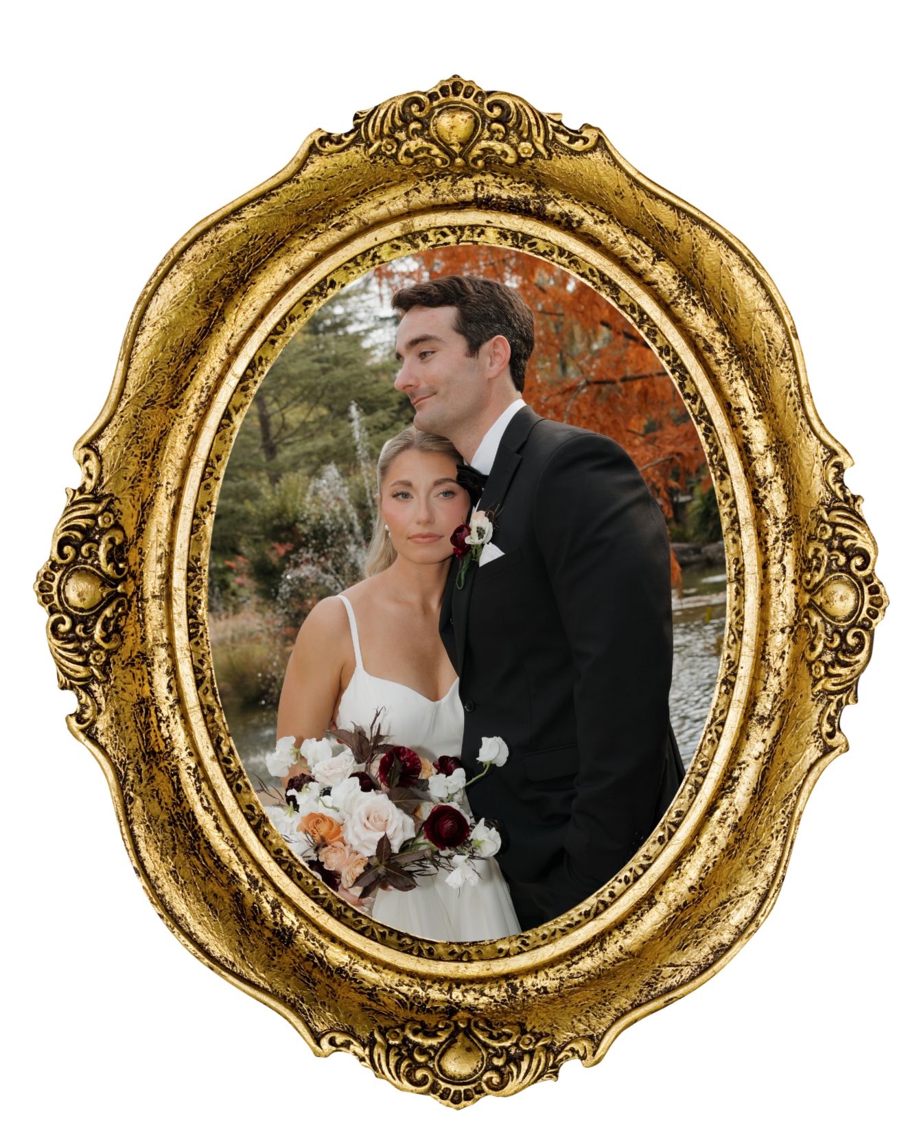 DC Wedding Photographer  A wedding portrait of a bride and groom inside an ornate gold frame with a natural outdoor background featuring trees and water.