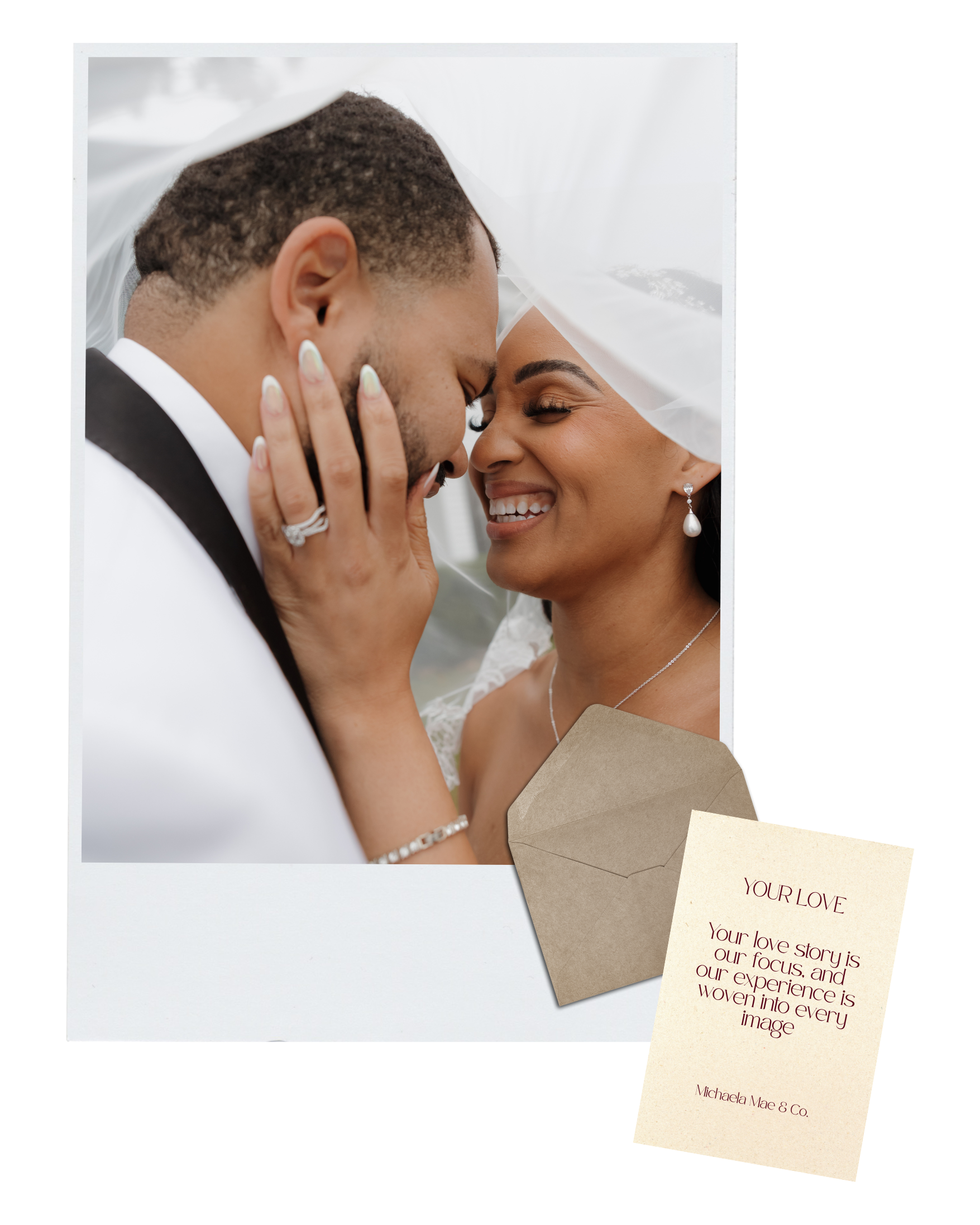 A close-up of a newly married couple smiling and touching foreheads, with a wedding veil over their heads. DC Wedding Photographer
