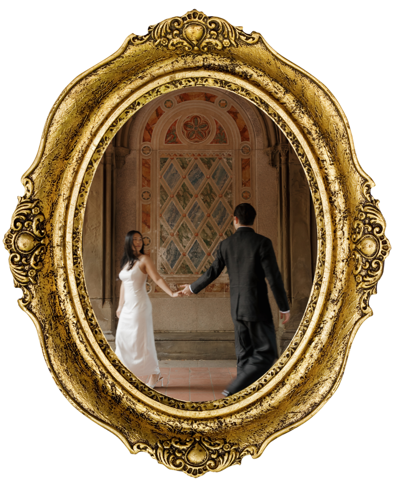 Atlanta Wedding Photographer. A woman and a man holding hands, with the woman wearing a white dress and the man wearing a black suit, are seen through a decorative ornate gold frame. They appear to be in a historic or cathedral-like setting.
