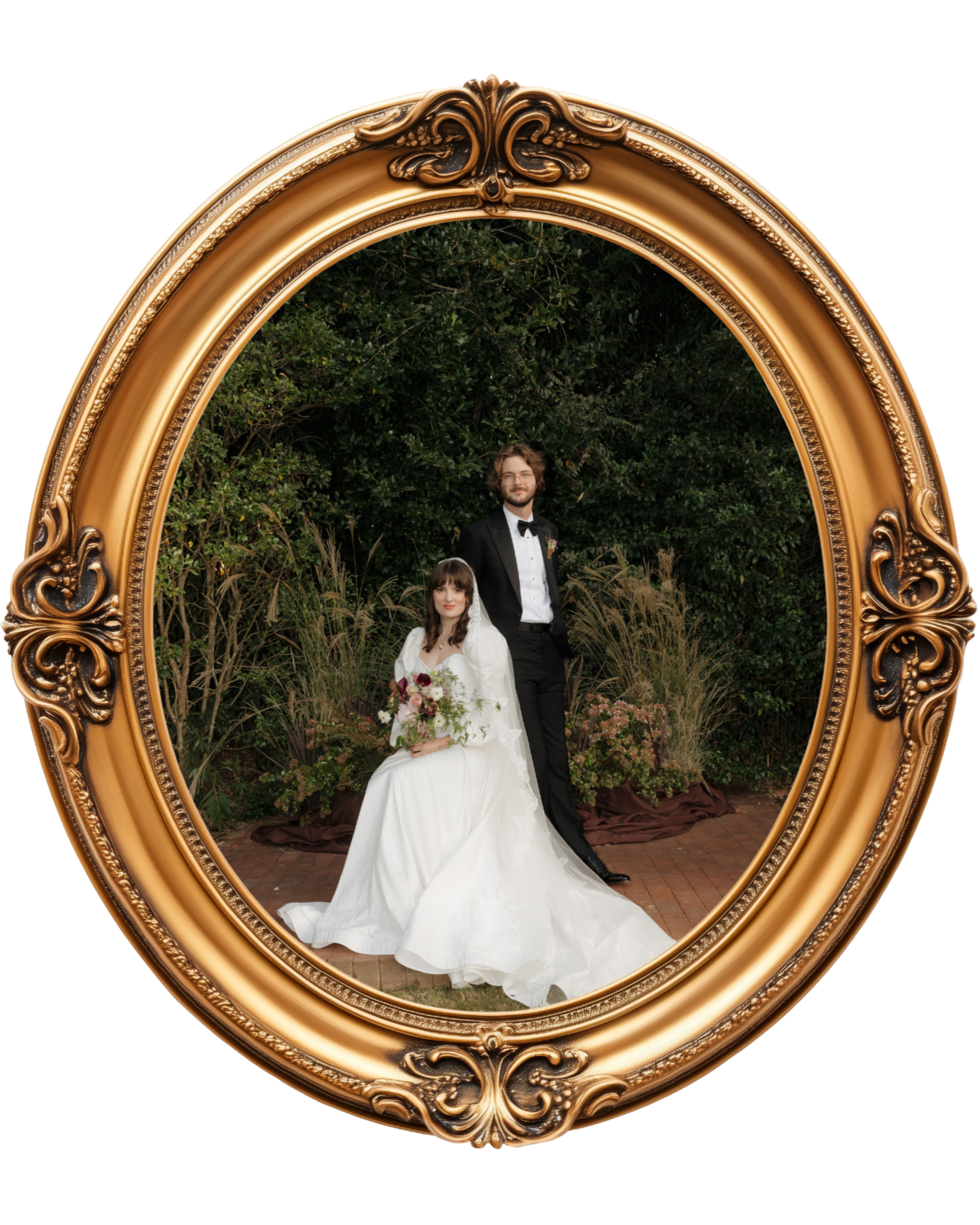 DC Wedding Photographer A bride and groom are posing outdoors, framed by an ornate, gold-colored picture frame.