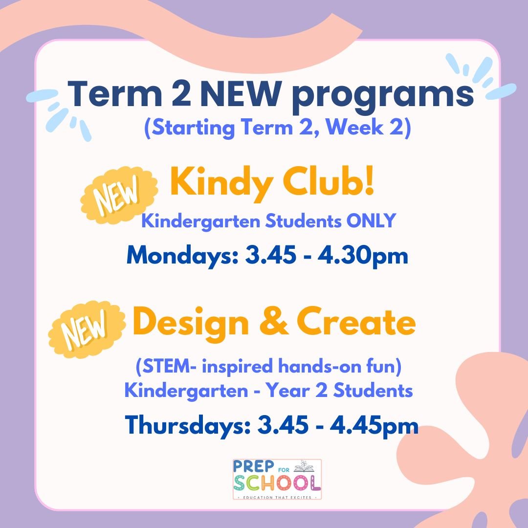 ✨ Two Exciting Programs Launching in Term 2! ✨

We&rsquo;re so excited to be offering TWO after-school programs at Prep For School next term - designed to support confidence, creativity and essential skill development beyond the classroom.

🌟 Kindy 