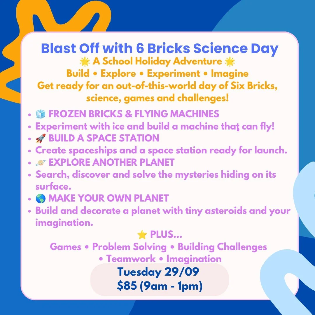 Two holiday adventures next week, with just two places left in each! ✨

🧱 Tuesday 29 September | Blast Off with 6 Bricks Science Day A day of building, experimenting and imagining. Children will make flying machines, build a space station and explor