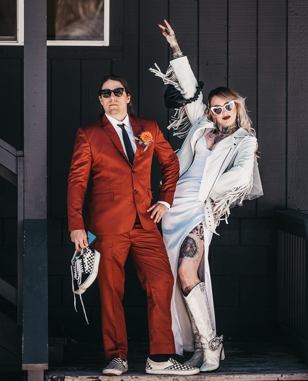 T &amp; J traveled cross country from Kansas to elope in Tahoe and they brought the right vibe. Their style from the rust-colored suit, the rhinestone boots, fringe jacked, and checked sneakers was on point. Beyond stoked to have been able to help co