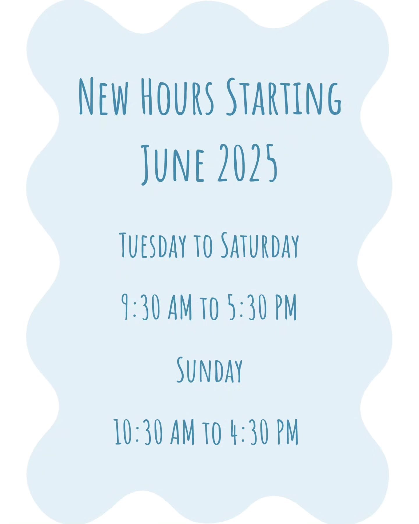 New Hours In June!

Monday: CLOSED
Tuesday - Saturday: 9:30 AM - 5:30 PM
Sunday: 10:30 AM to 4:30 PM