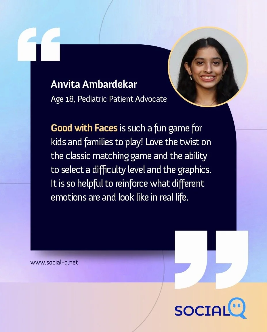 When Anvita shared this with us it made my heart skip a beat. 
🫀
She's an 18-year-old pediatric patient advocate and her words hit home sweet home:

"Good with Faces is such a fun game for kids and families to play! Love the twist on the classi