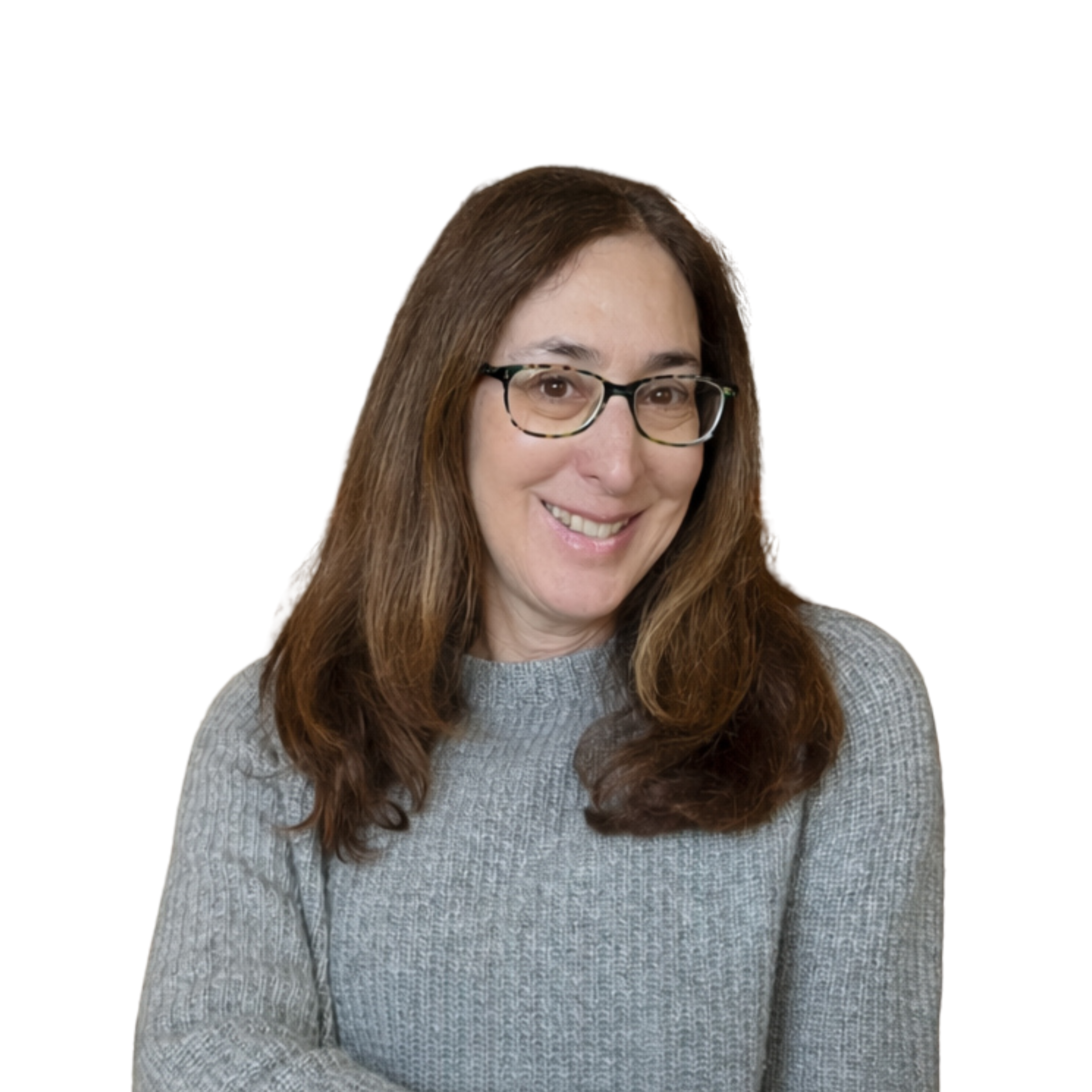Close-up of a woman with glasses and long, wavy brown hair, smiling, wearing a gray patterned sweater, against a white background.