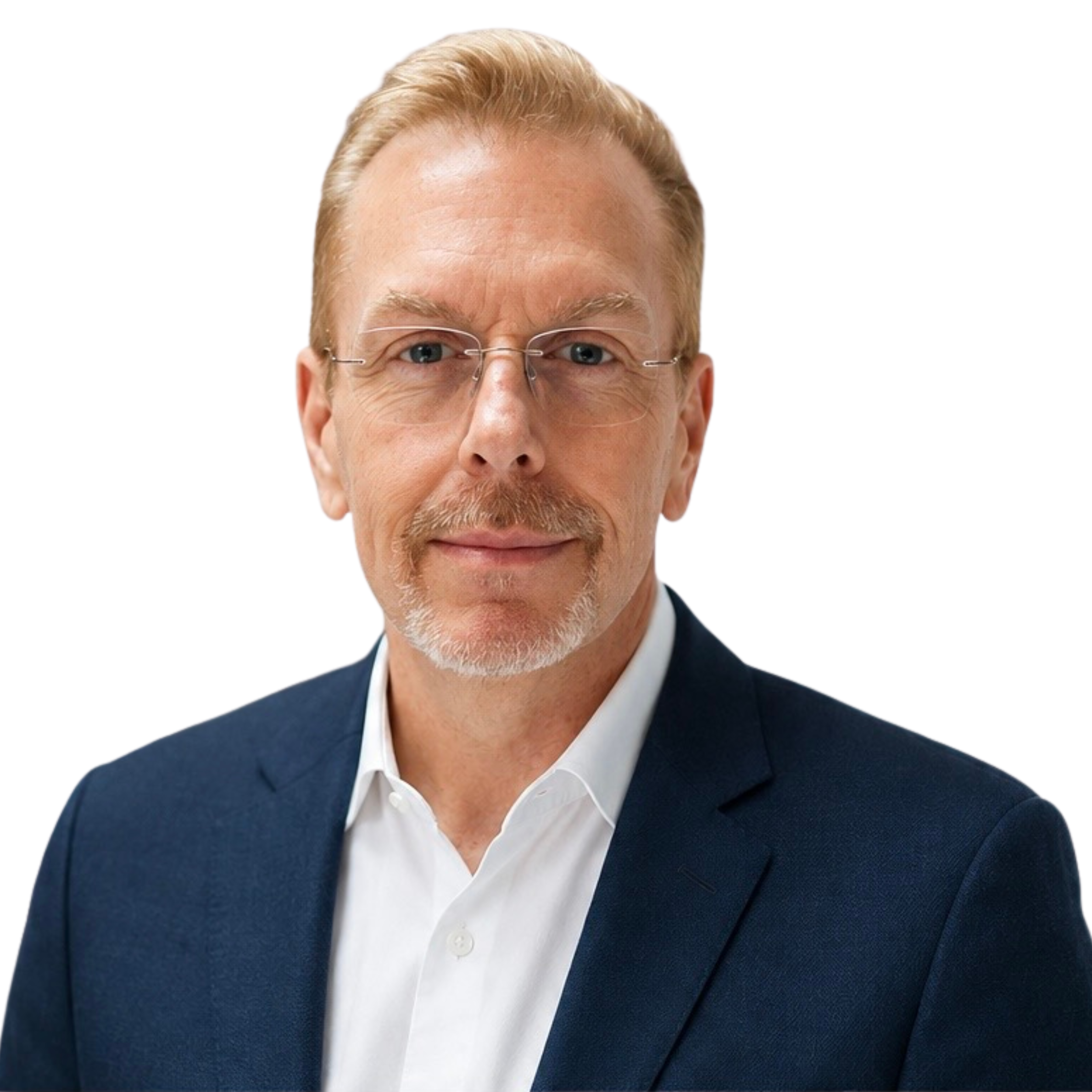 Close-up of a middle-aged man with light skin, blonde hair, glasses, wearing a navy suit and a white shirt, smiling slightly, against a plain white background.