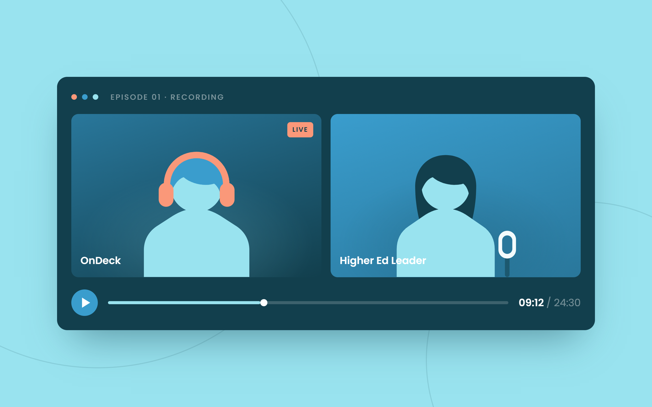 Screenshot of an online video lecture with two illustrated profiles, one labeled 'OnDeck' with a person wearing headphones, and the other labeled 'Higher Ed Leader,' both on a media player interface showing a play button, timeline, and duration.