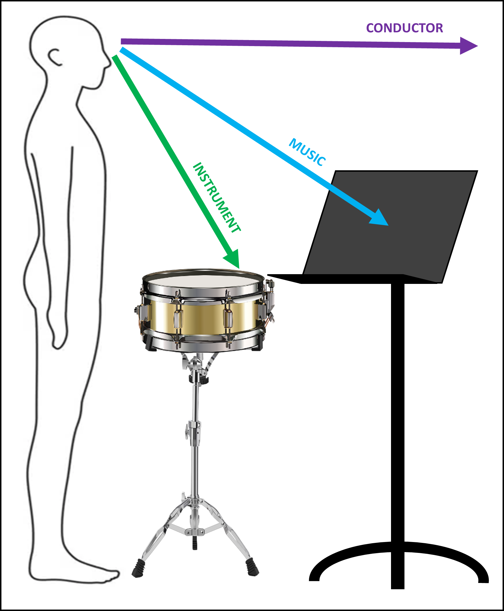 Diagram of a percussionist at a snare drum. The music stand is low. Coloured arrows (purple, blue, green) demonstrate the musician's three main sightlines (conductor, music, instrument). The conductor is too far away from the music and instrument.