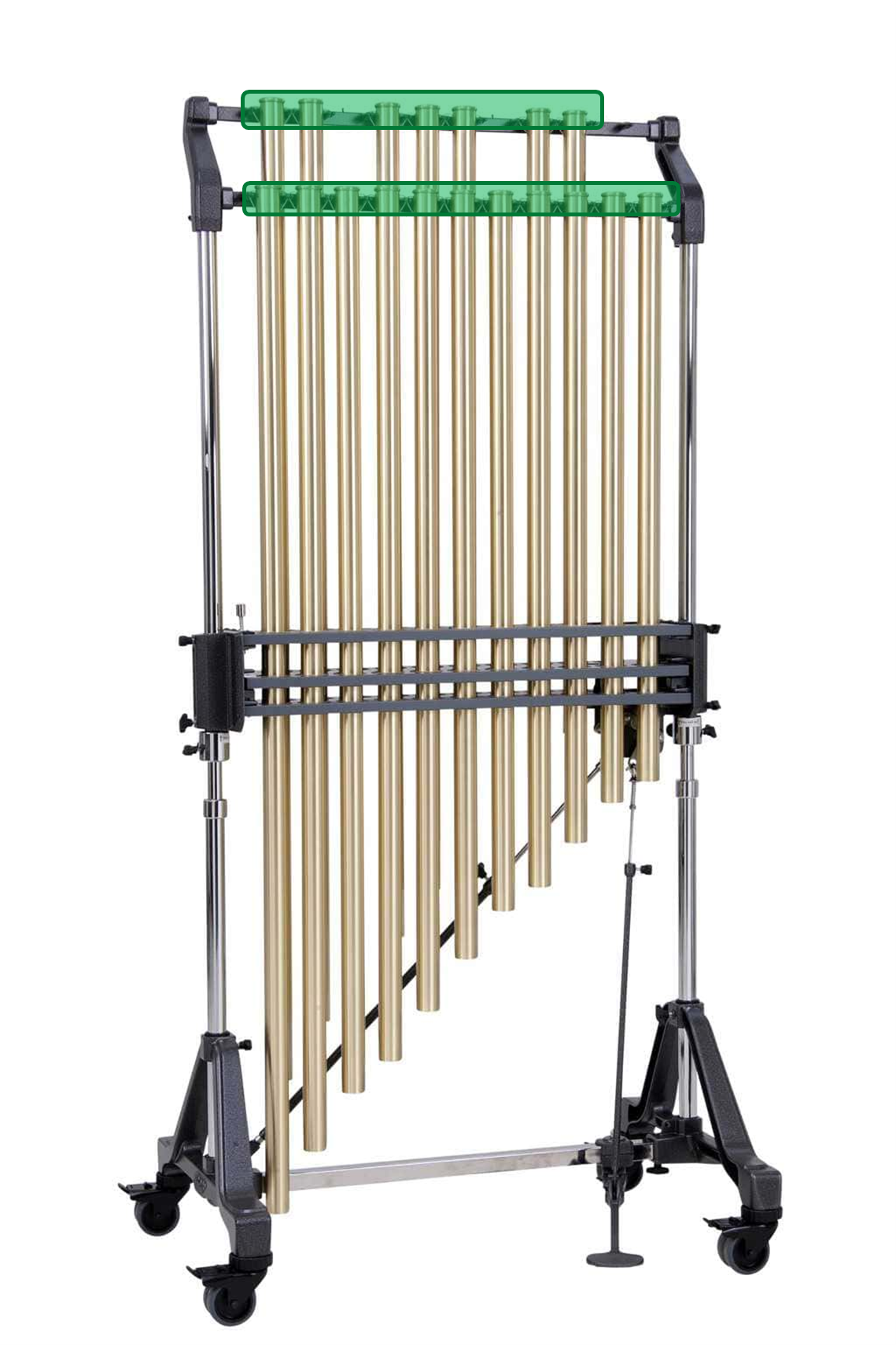 Image of tubular bells. Green highlight shows the correct striking zone.