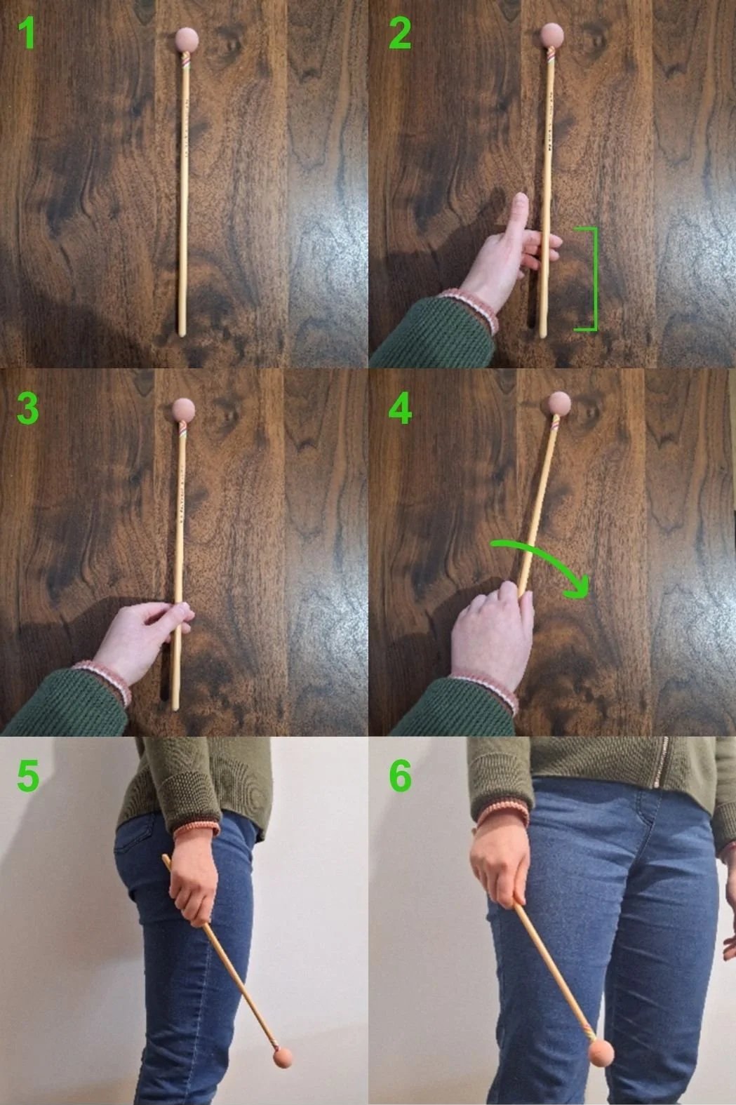 A series of six images showing how to hold a mallet.