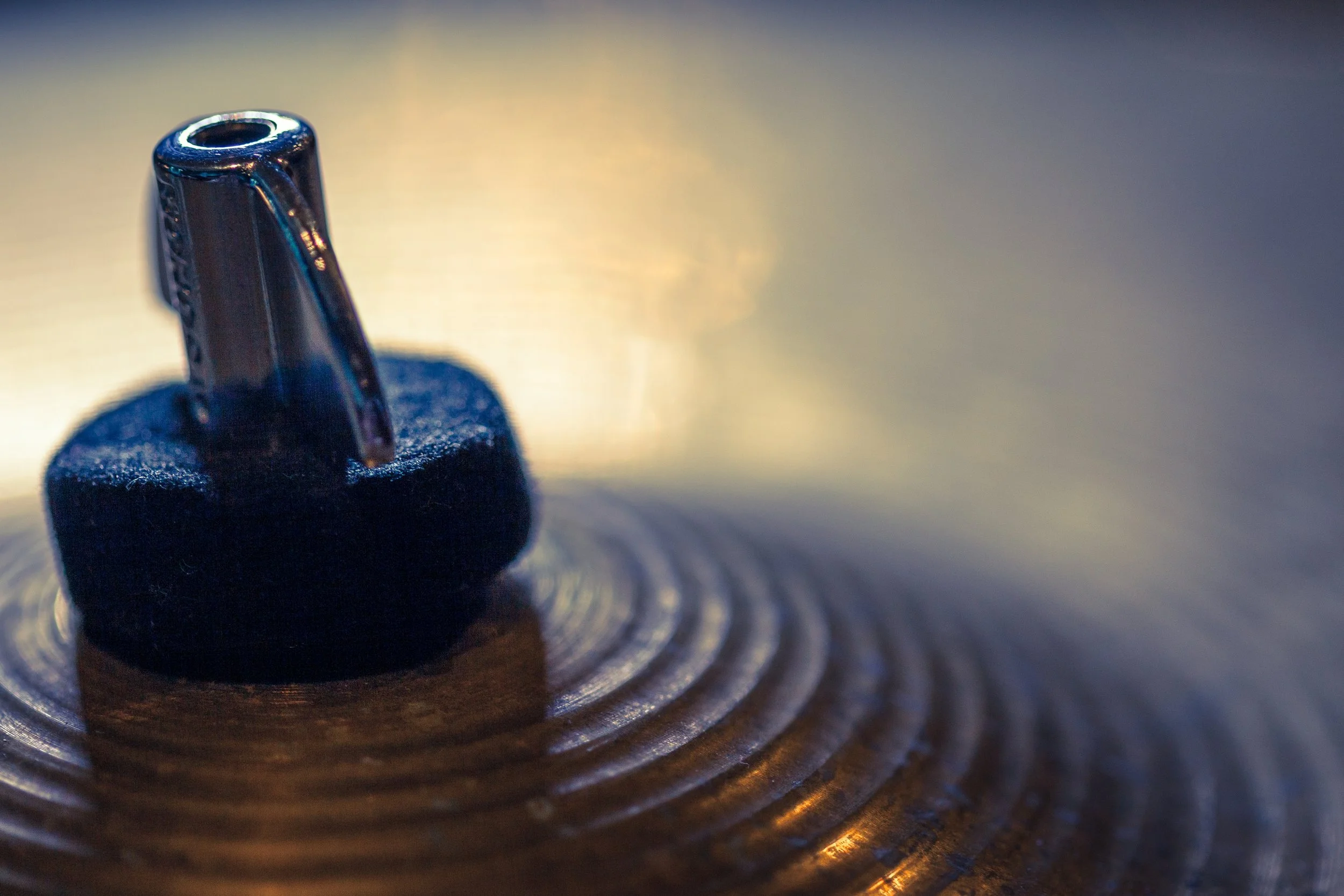 Close-up of a suspended cymbal.
