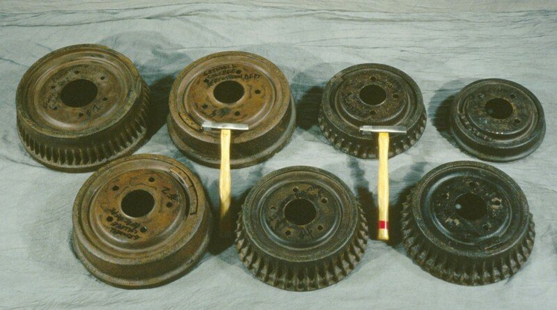 Seven brake drums with hammers