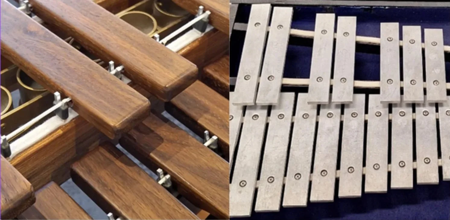 Close-up of marimba posts (left). Close-up of glockenspiel posts (right).