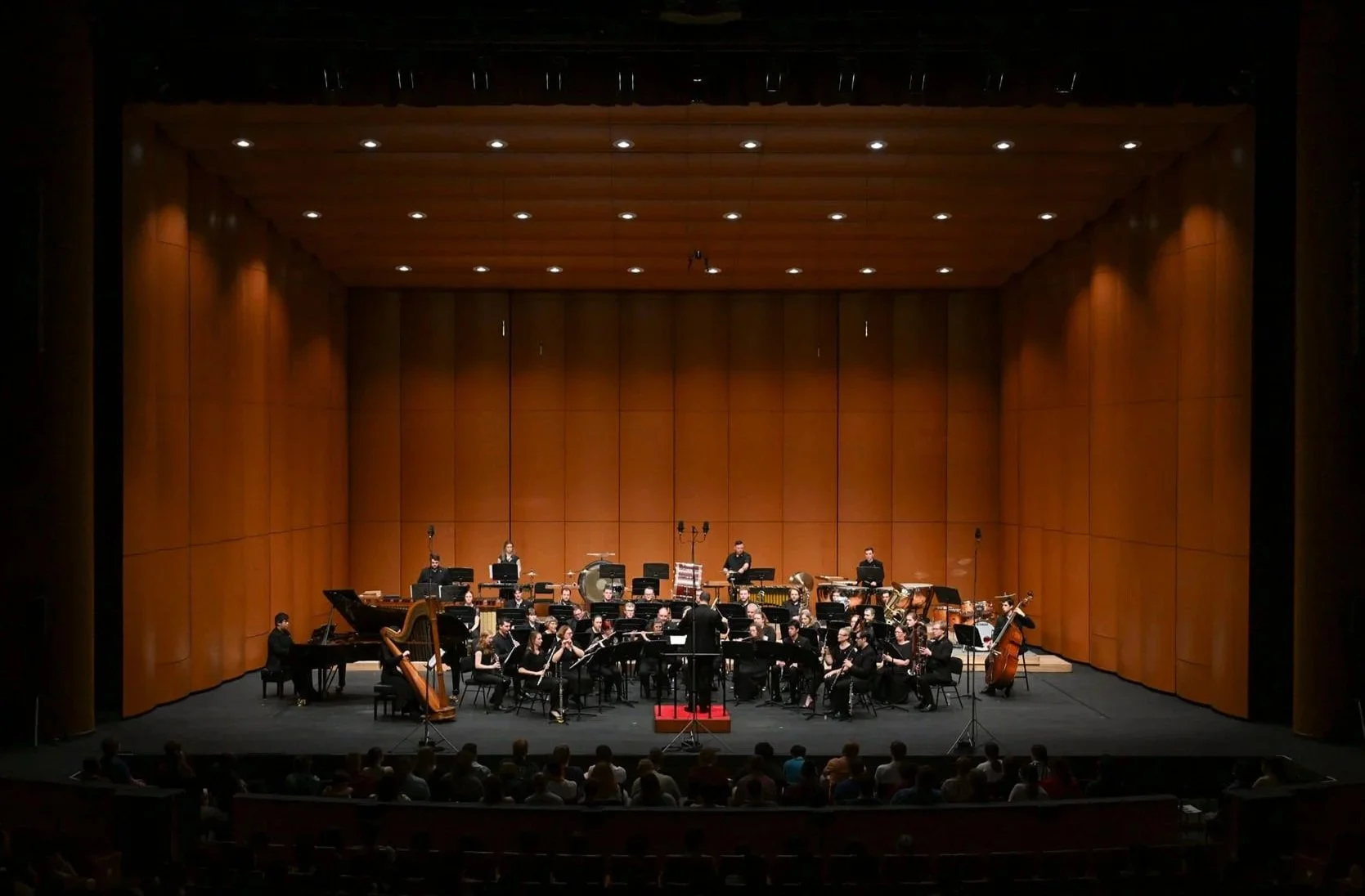 A purpose-built concert hall stage. The shape of the walls helps funnel sound out into the audience.