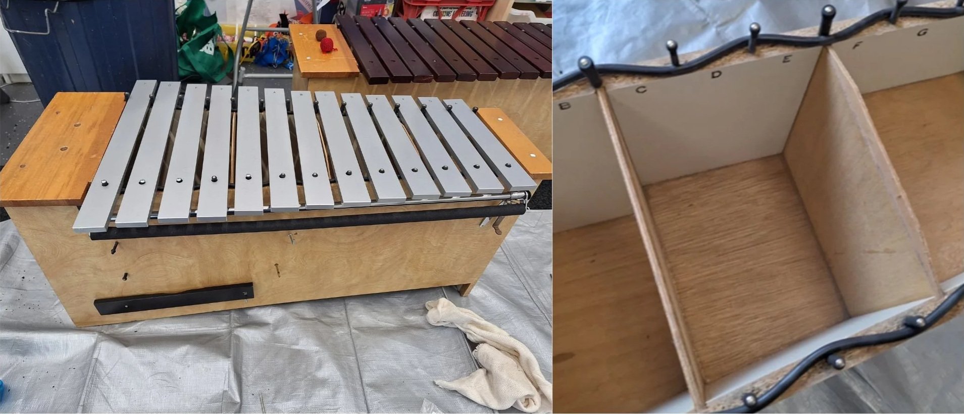 Two images. Left is a full shot of an ORFF metallophone. Right is a close-up of the ORFF box frame with its tiered base.
