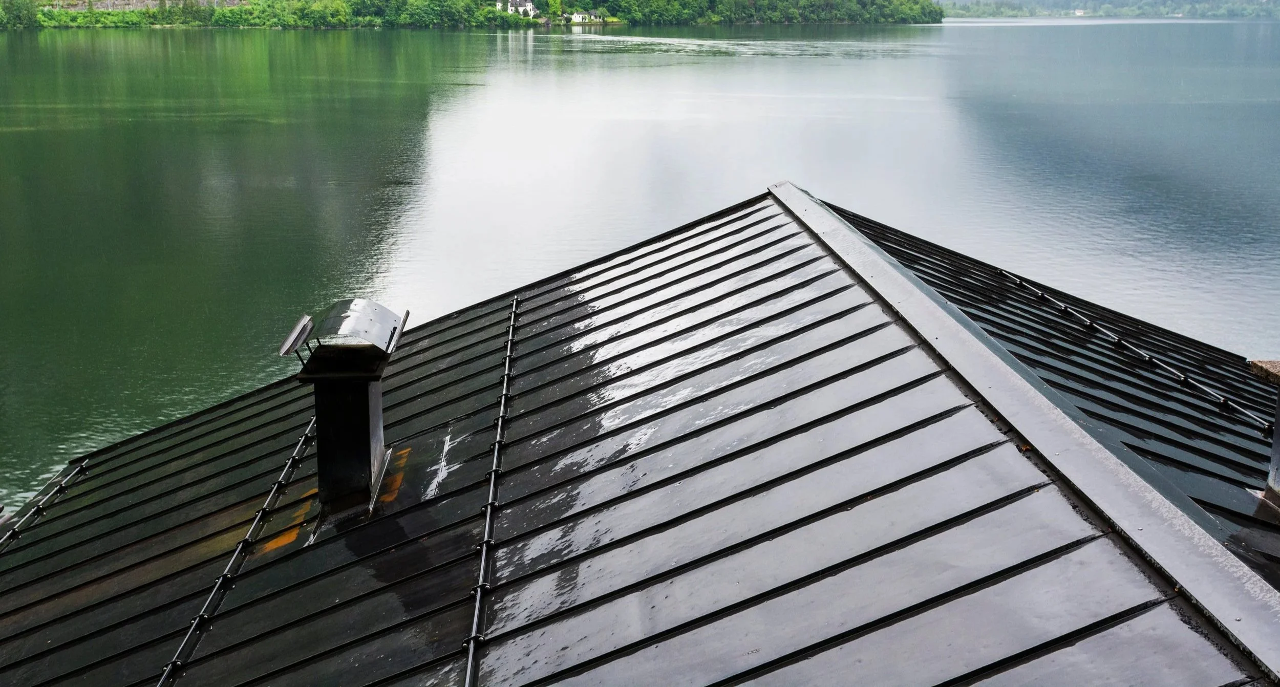 Standing seam metal roof in lake house