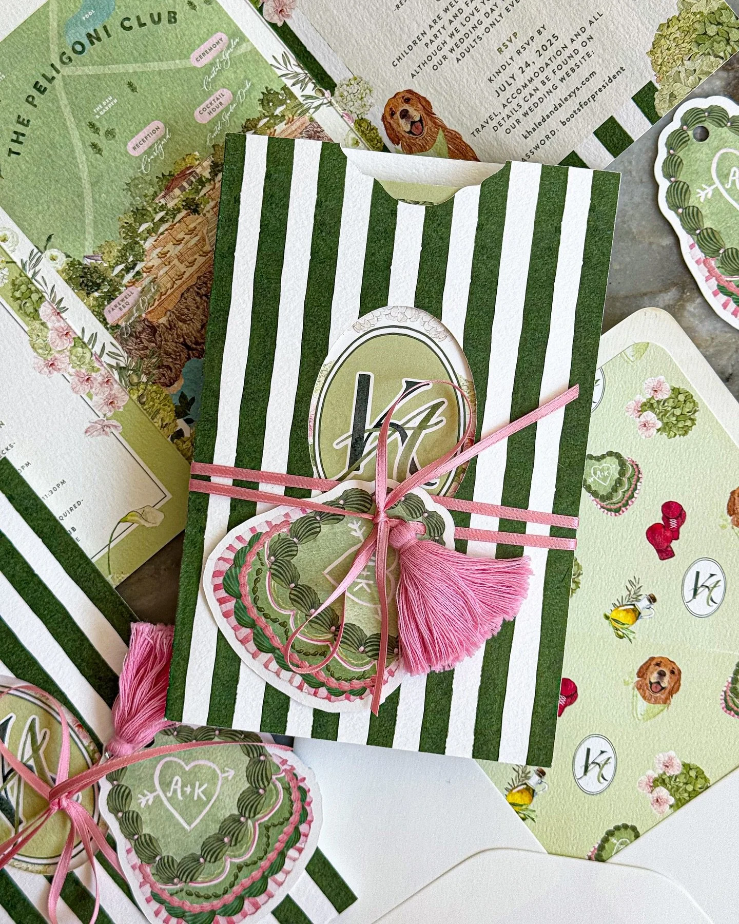 Just imagine opening an envelope to find these beauties inside 🫶 Pink + green will forever have my heart 💓 

For Alexys &amp; Khaled&rsquo;s wedding at the dreamy Peligoni Club in Zakynthos, we created a suite full of personality: our signature 3-p