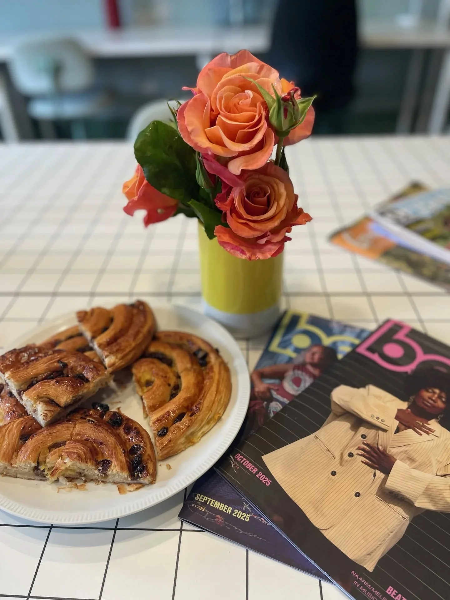Tasty treats and fresh blooms getting us through the week 🍩🥐🔥