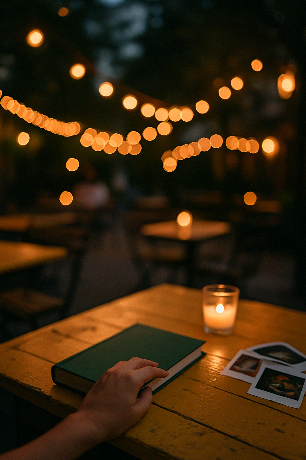 Mesa de madera con una mano tocando un libro, una vela encendida, y varias fotos. Fondo con luces decorativas borrosas en un ambiente oscuro, posiblemente al aire libre.
