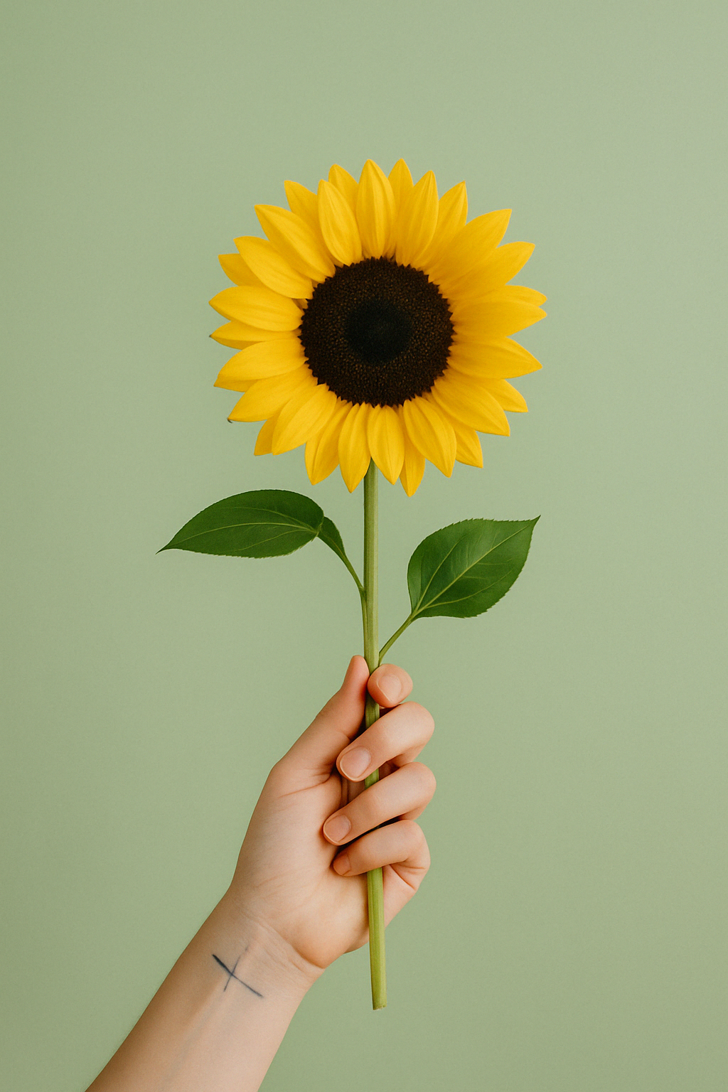 Una mano sostiene un girasol con fondo verde claro.