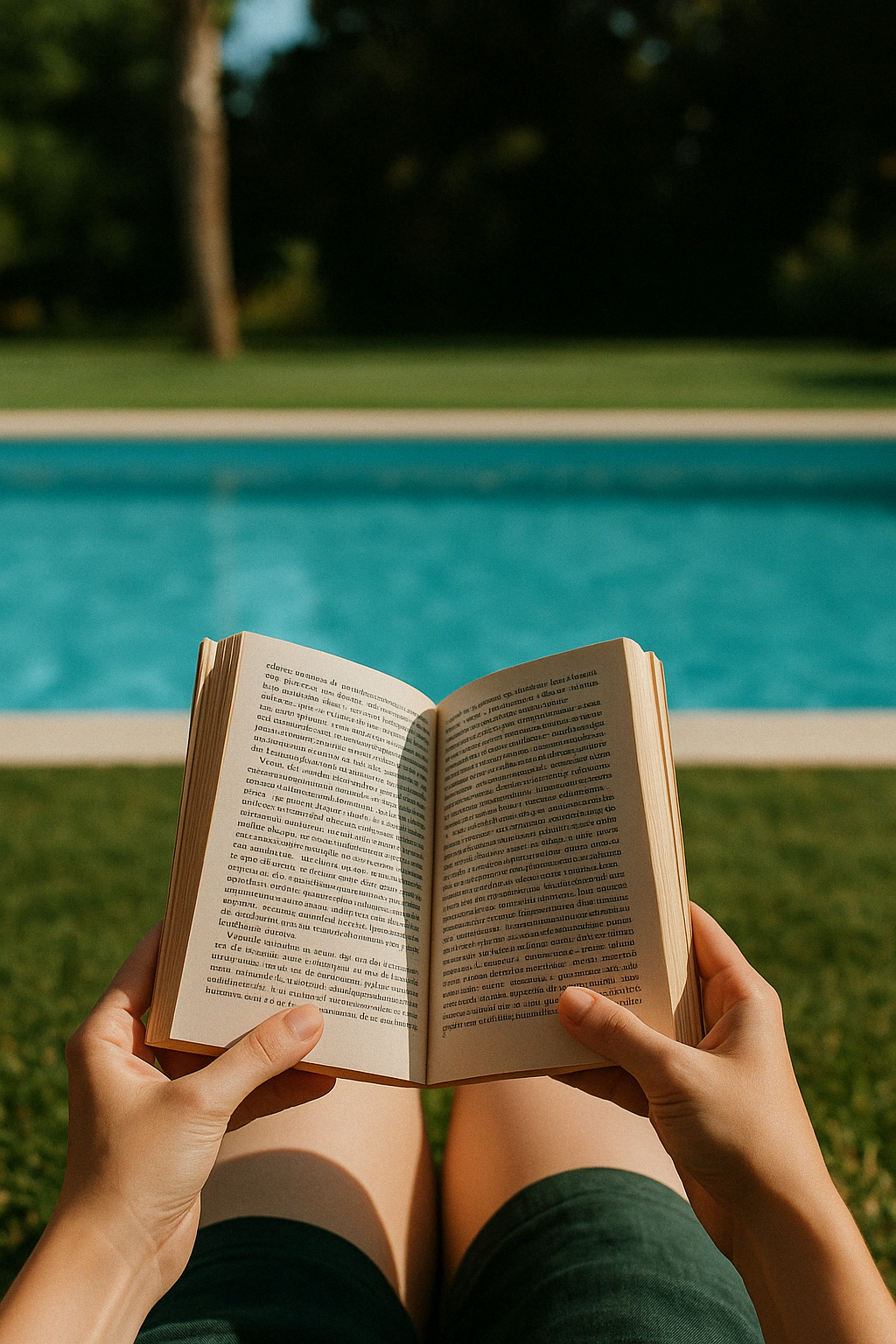 Persona leyendo un libro al aire libre frente a una piscina y un jardín con árboles.