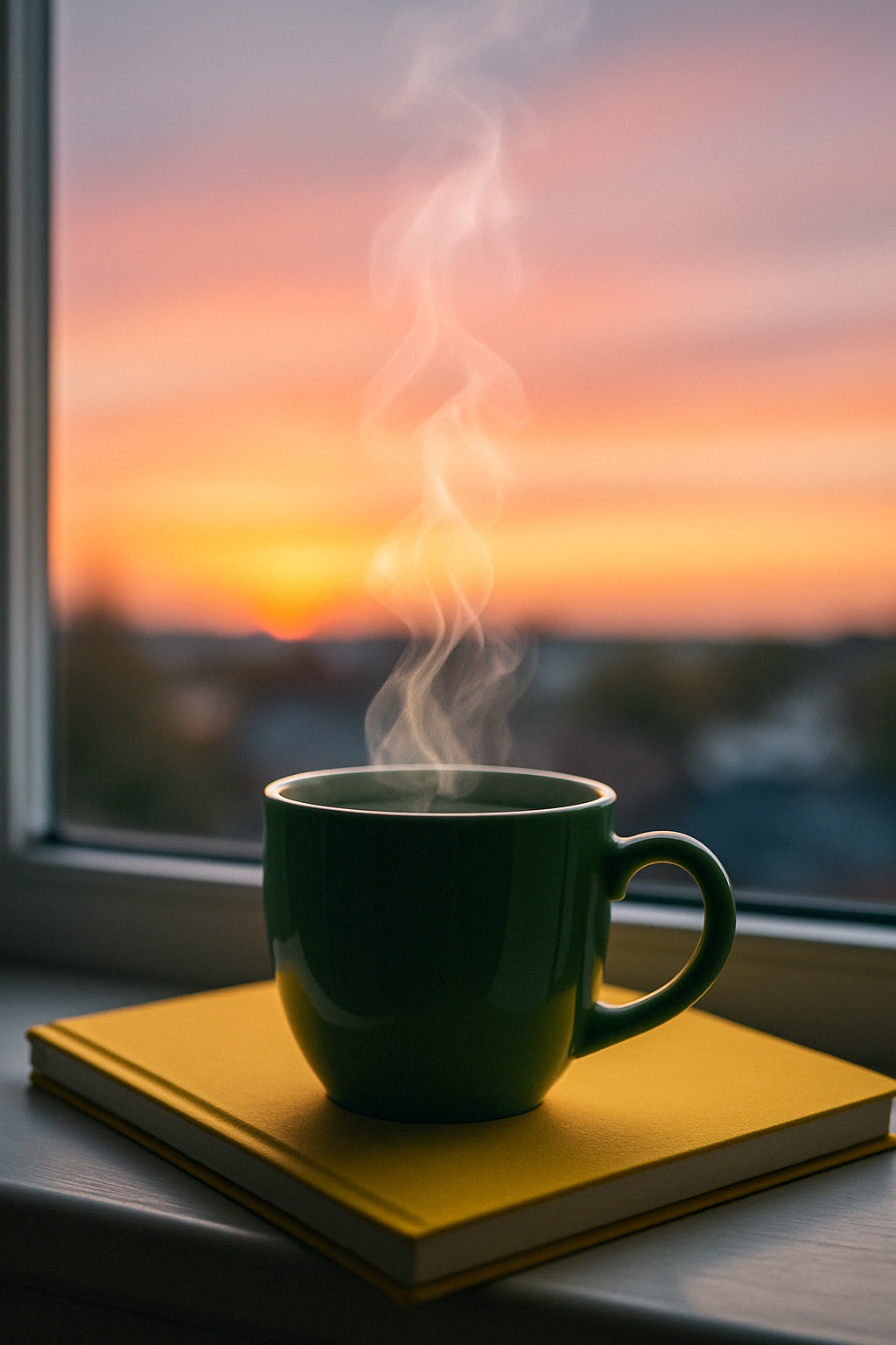 Taza de café caliente con vapor, sobre un cuaderno amarillo, frente a una ventana con vista al atardecer