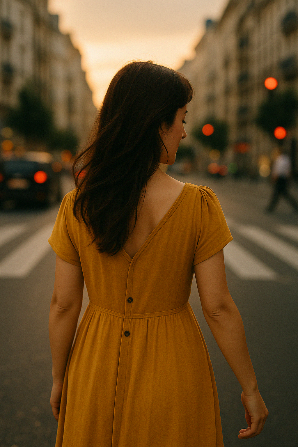 Una mujer con vestido amarillo caminando en un cruce peatonal durante el atardecer en una ciudad.
