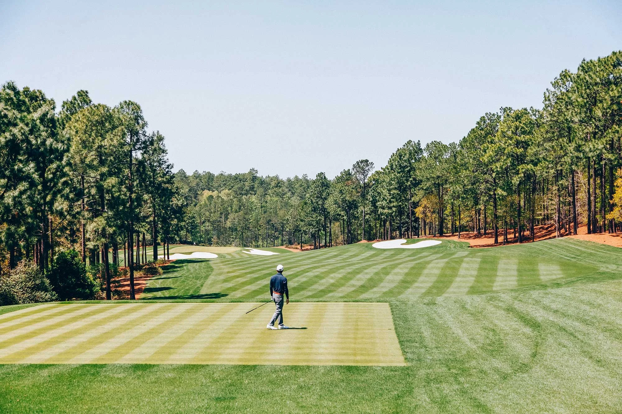 Golfer overlooking a pristine fairway lined with pine trees and white bunkers at a golf course in Atlanta, Georgia