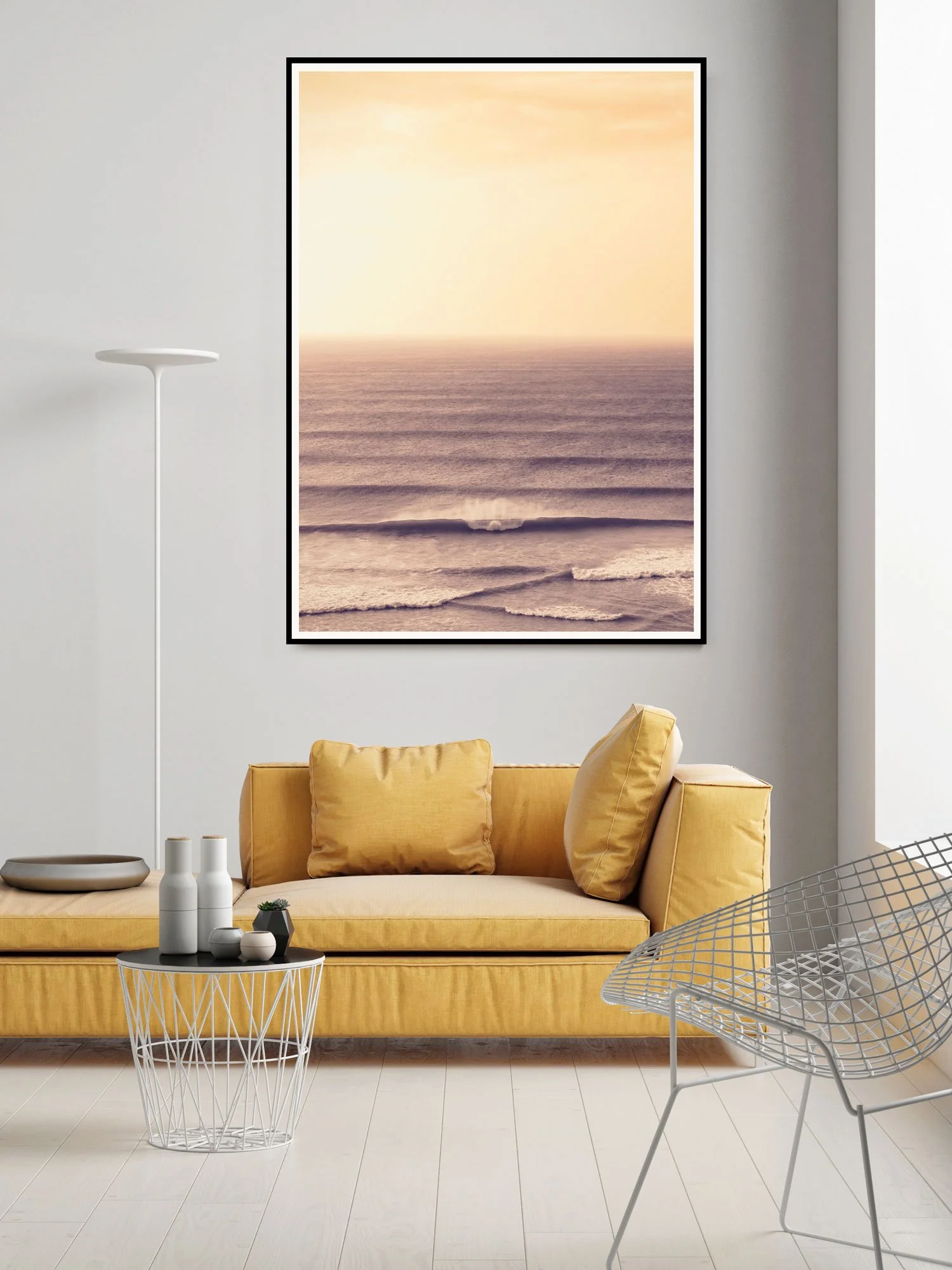 Framed Whipsiderry coastal print by Karl Mackie displayed in a modern interior