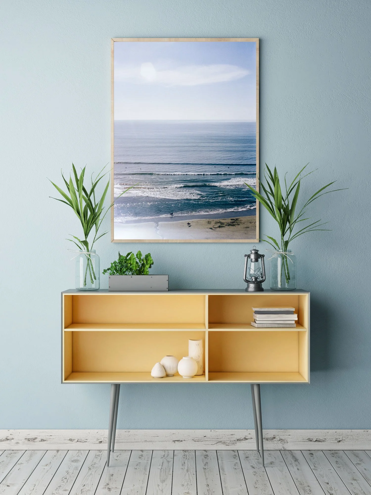 Framed Whitsands film print by Karl Mackie displayed in a minimal interior space