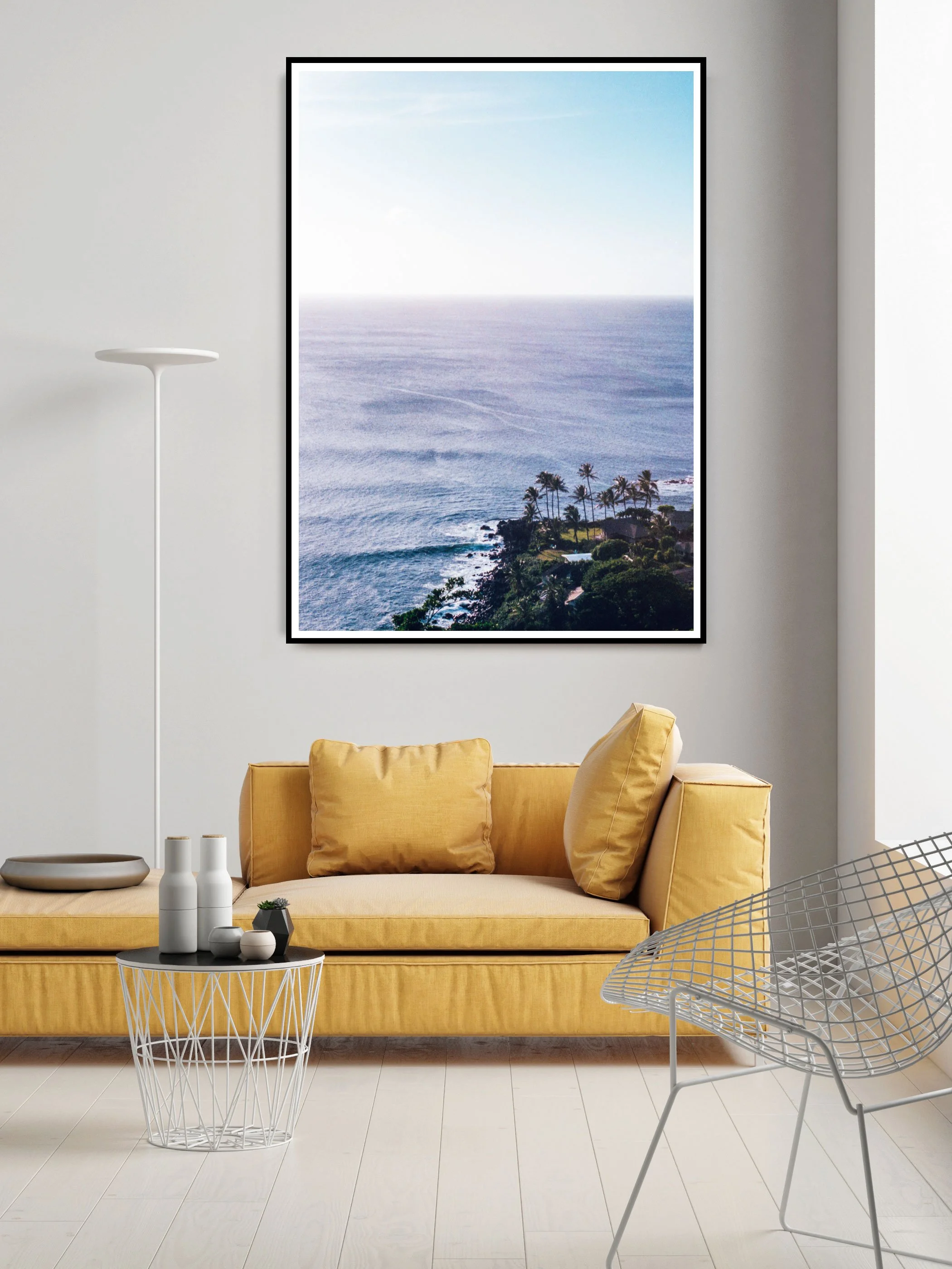 Framed Waimea Bay fine art surf print by Karl Mackie displayed in a modern interior.