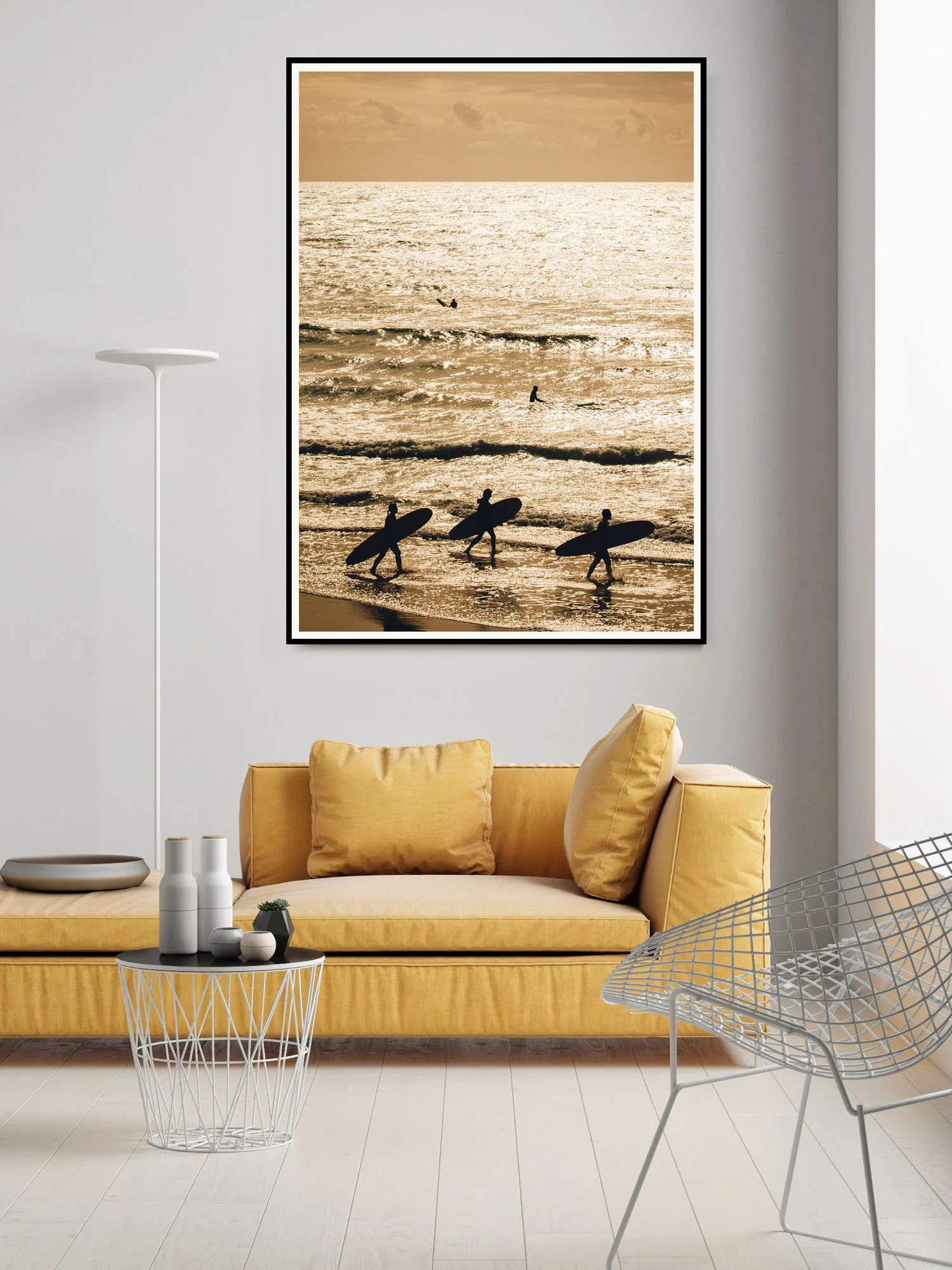 Framed Troika surf print by Karl Mackie displayed in a modern interior