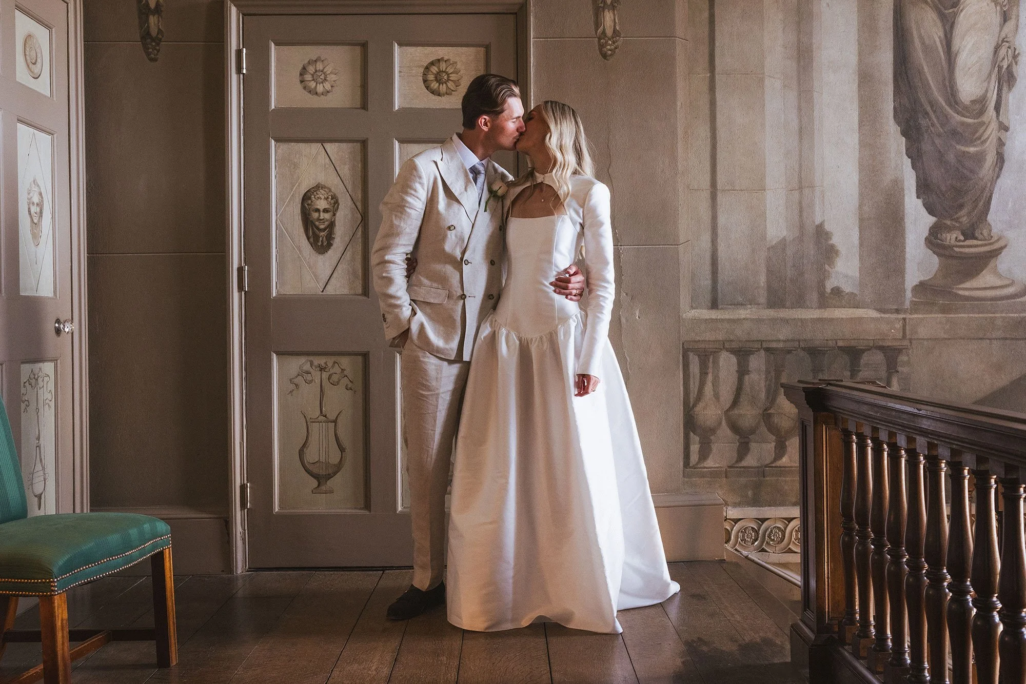 Bride and groom portrait inside Boconnoc House during their Cornwall wedding
