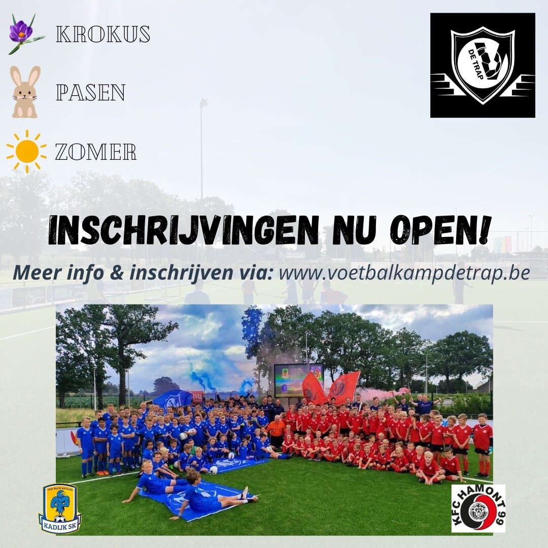 De inschrijvingen voor onze voetbalkampen in 2024 zijn NU open! Haast je naar onze website www.voetbalkampdetrap.be om je plekje te bemachtigen, want op iedere stage staat een maximum aantal deelnemers &amp; vol is vol‼️
See you soon!🫵⚽️