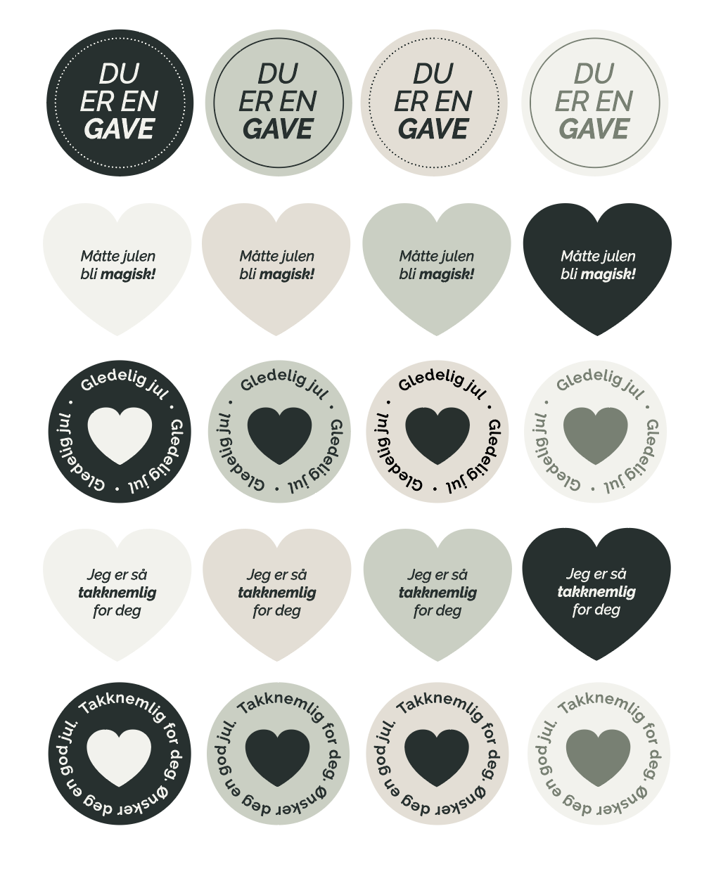 Ark med juleinspirerte klistremerker i duse farger.