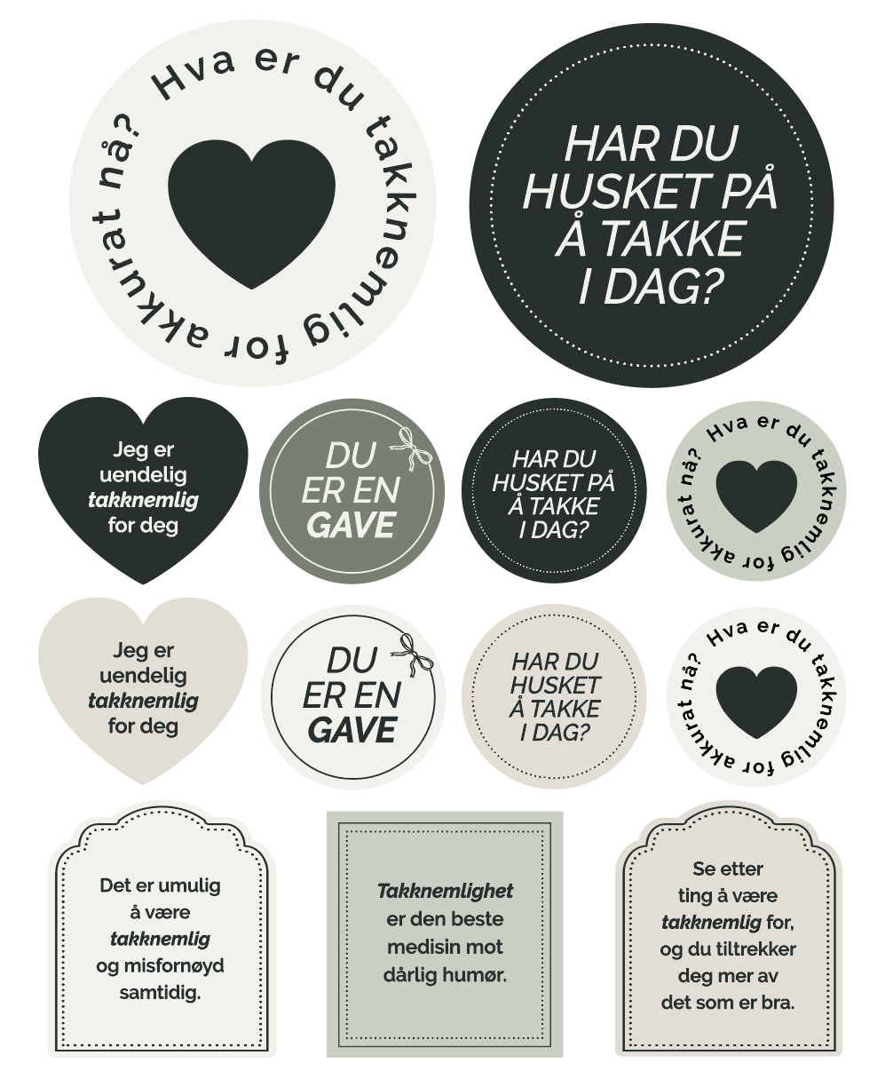 Ark med små runde klistremerker i duse farger og takknemlige ord.