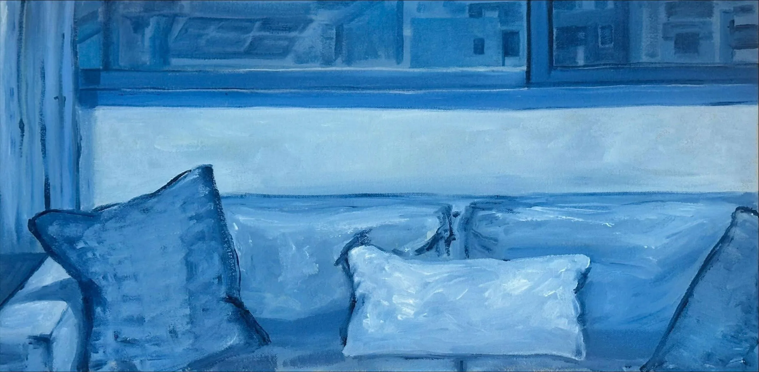 On this couch I sat, a window behind me (2025), 25 x 40 cm, acrylic on canvas