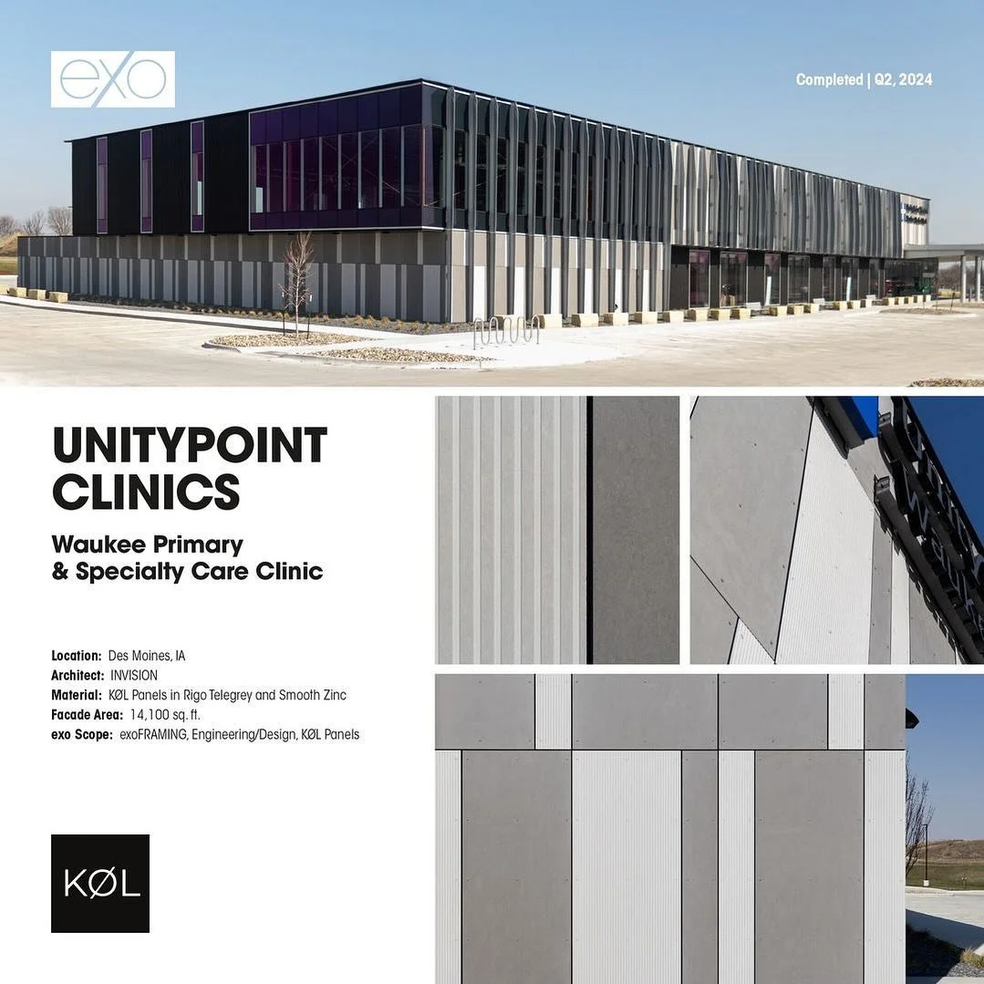 The recently completed @unitypointhealth Clinics, designed by @invisionarchitecture , showcase a modern design through the use of 14,100 sq. ft. of K&Oslash;L High Density Fiber Cement facade panels. @exosurfaces supplied prefabricated panels in line