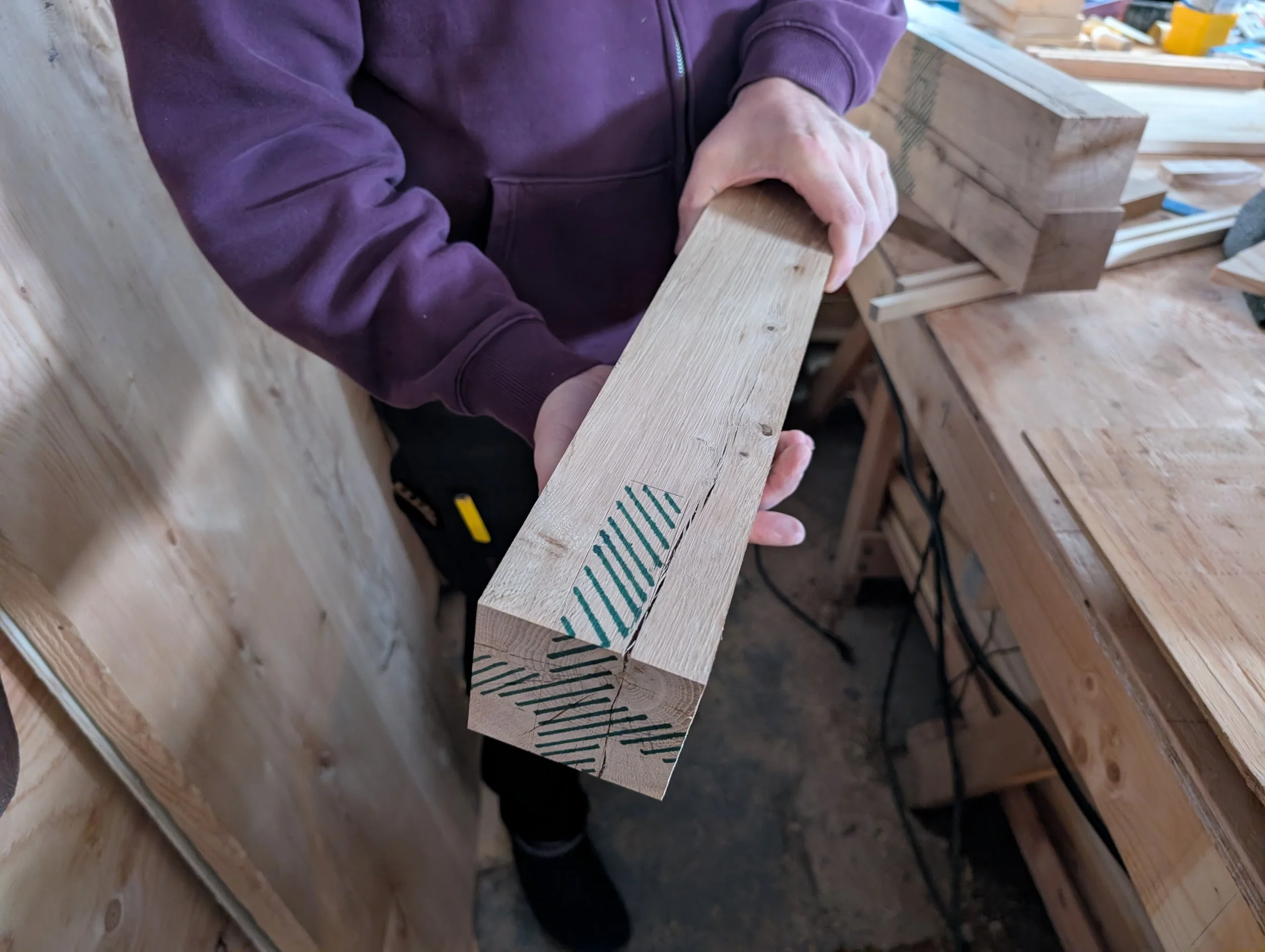 The base in-progress. The hatches show where the joinery cuts will be made on the post, which will be inserted into a base.