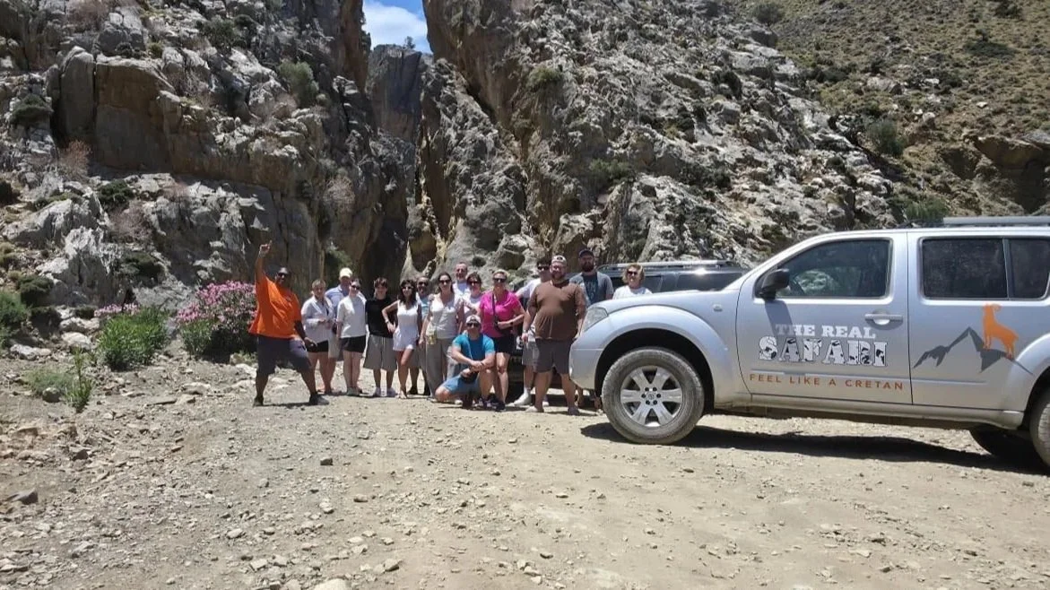 Jeep safari Heraklion Crete – group of tourists with 4x4 vehicles during an off-road tour including Juktas mountain, wine and raki distillery experience.