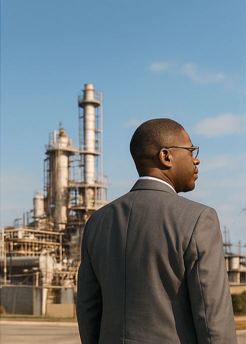 Un homme d'affaires noir portant un costume gris se tient de profil à l'extérieur d'une usine ou d'une raffinerie avec une structure industrielle en arrière-plan, sous un ciel bleu clair.