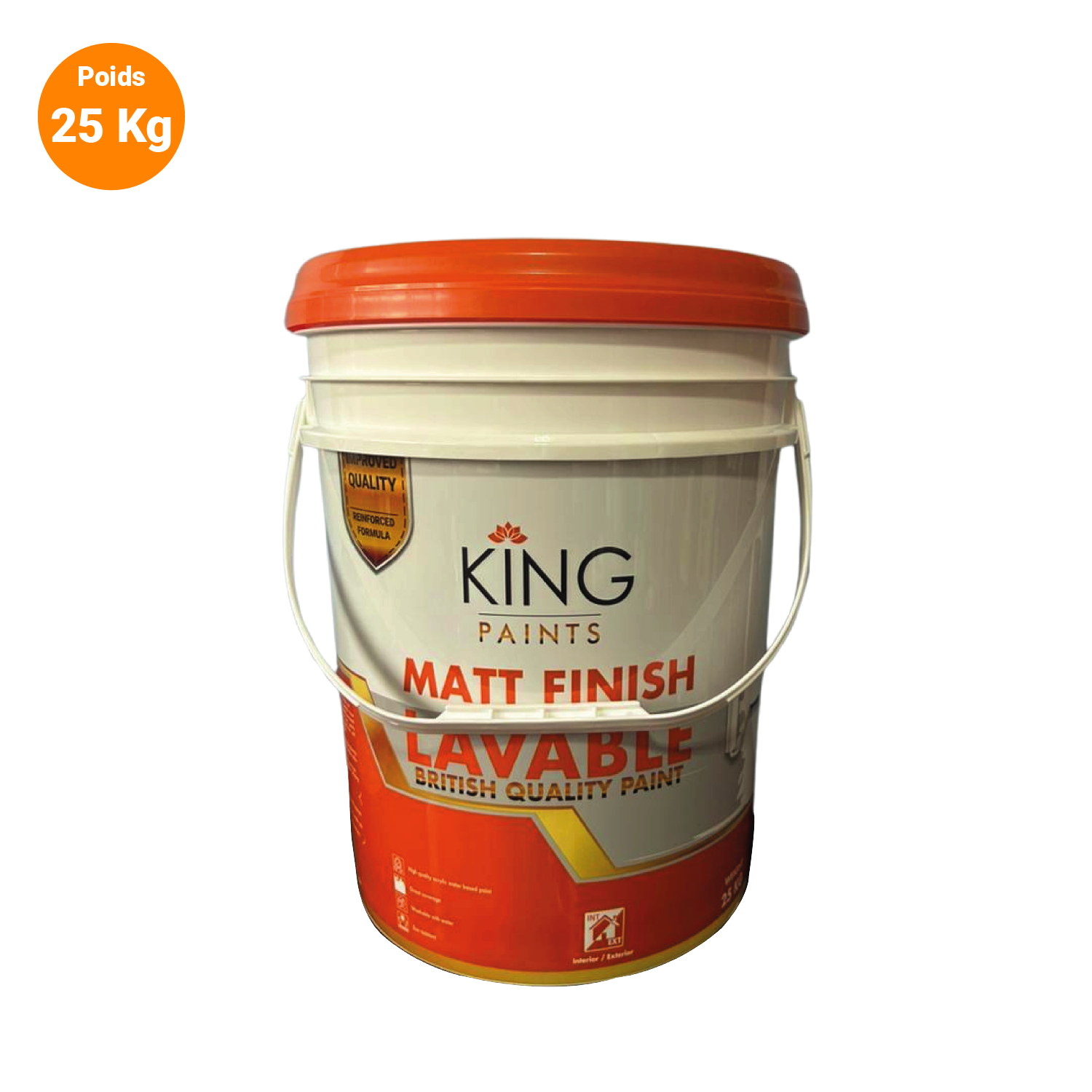 Un seau de peinture King Paints de finition mate, de couleur blanche, avec un couvercle orange, poids de 25 kg, label indiquant que la peinture est lavable et de qualité britannique.