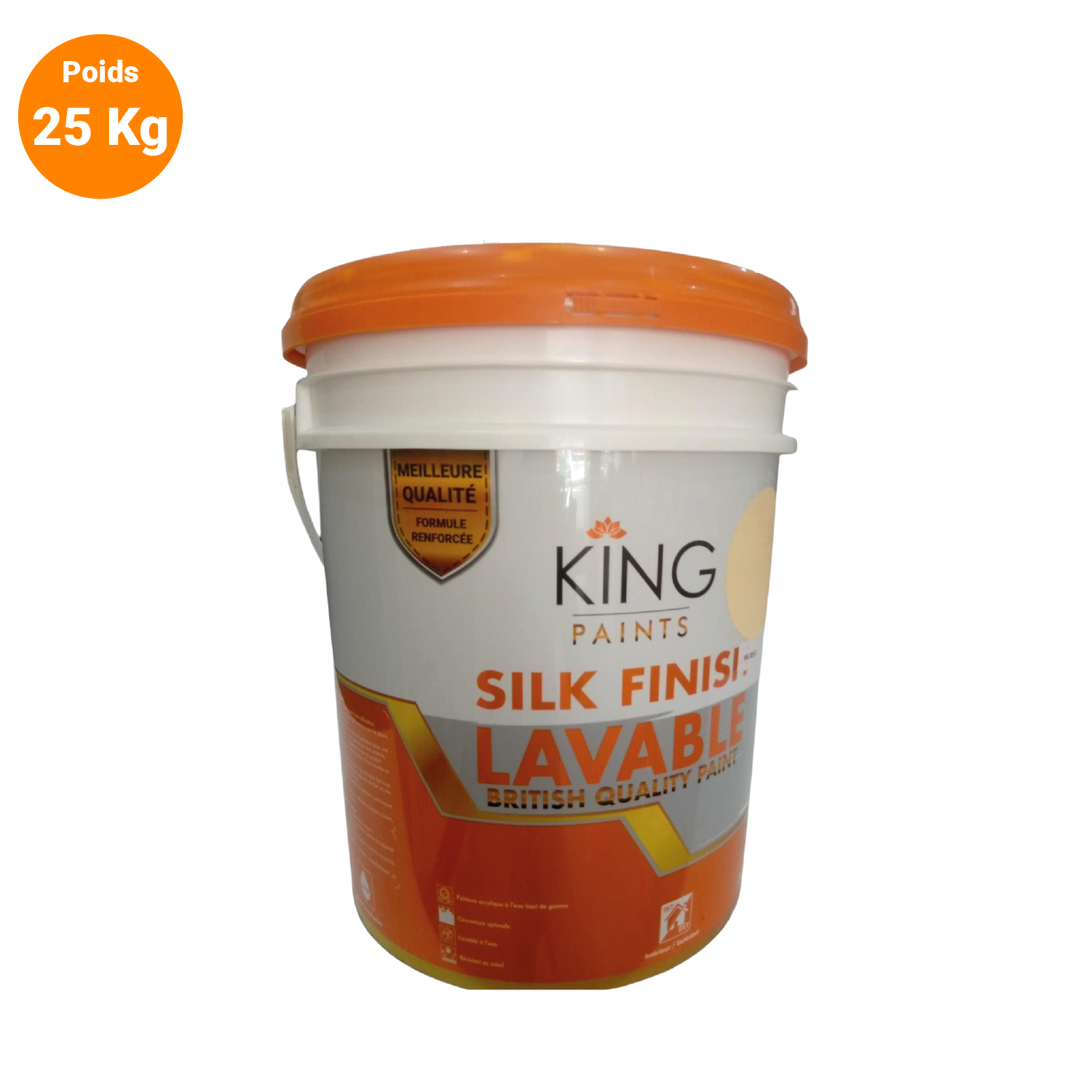 Pot de peinture blanche de marque King avec un couvercle orange, indiquant une peinture lavable de finition satinée, de poids 25 kg.